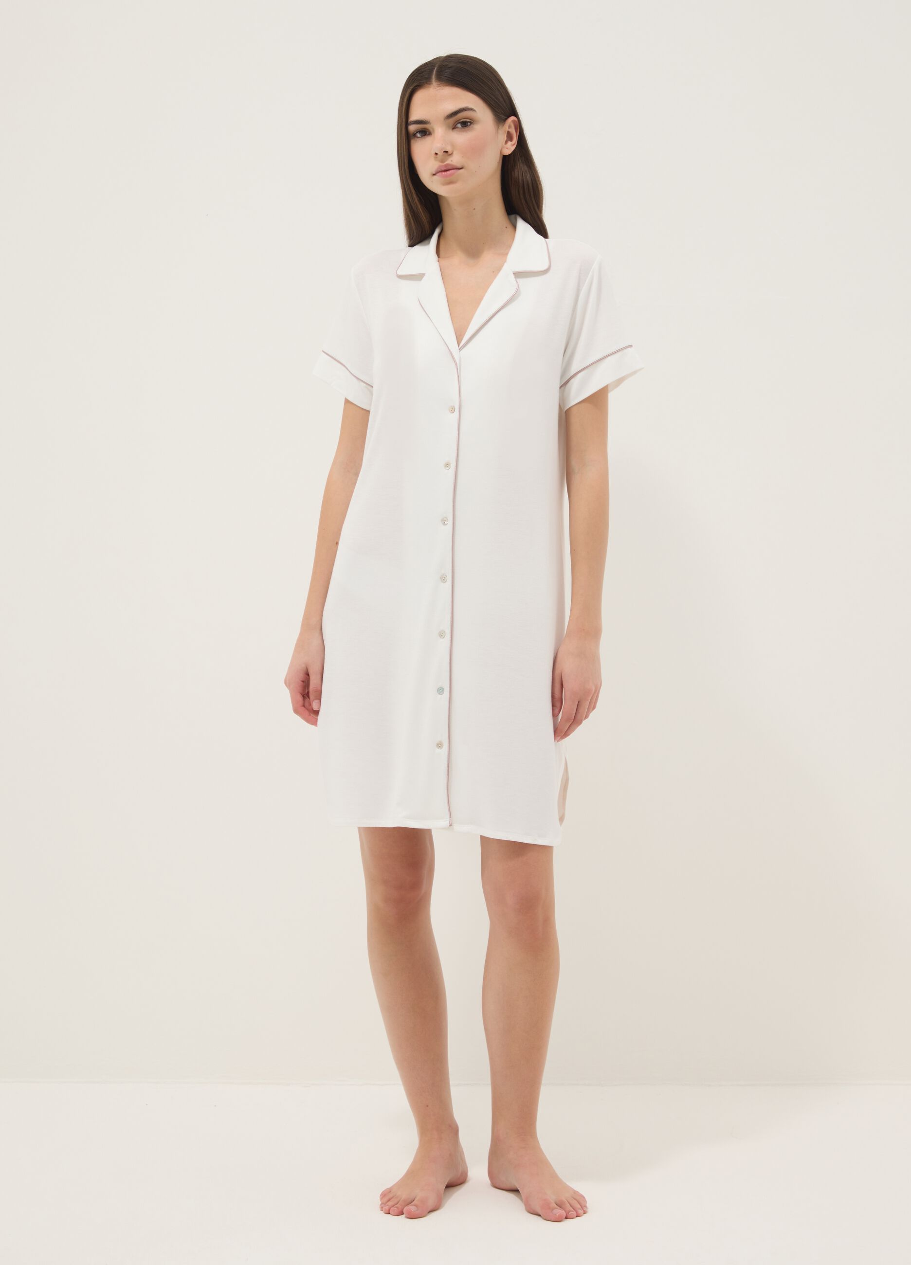 White Stretch Viscose Blend Nightdress with V-Neck