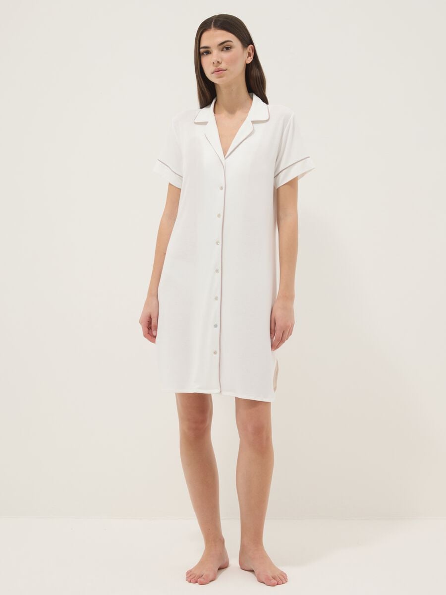 White Stretch Viscose Blend Nightdress with V-Neck_0