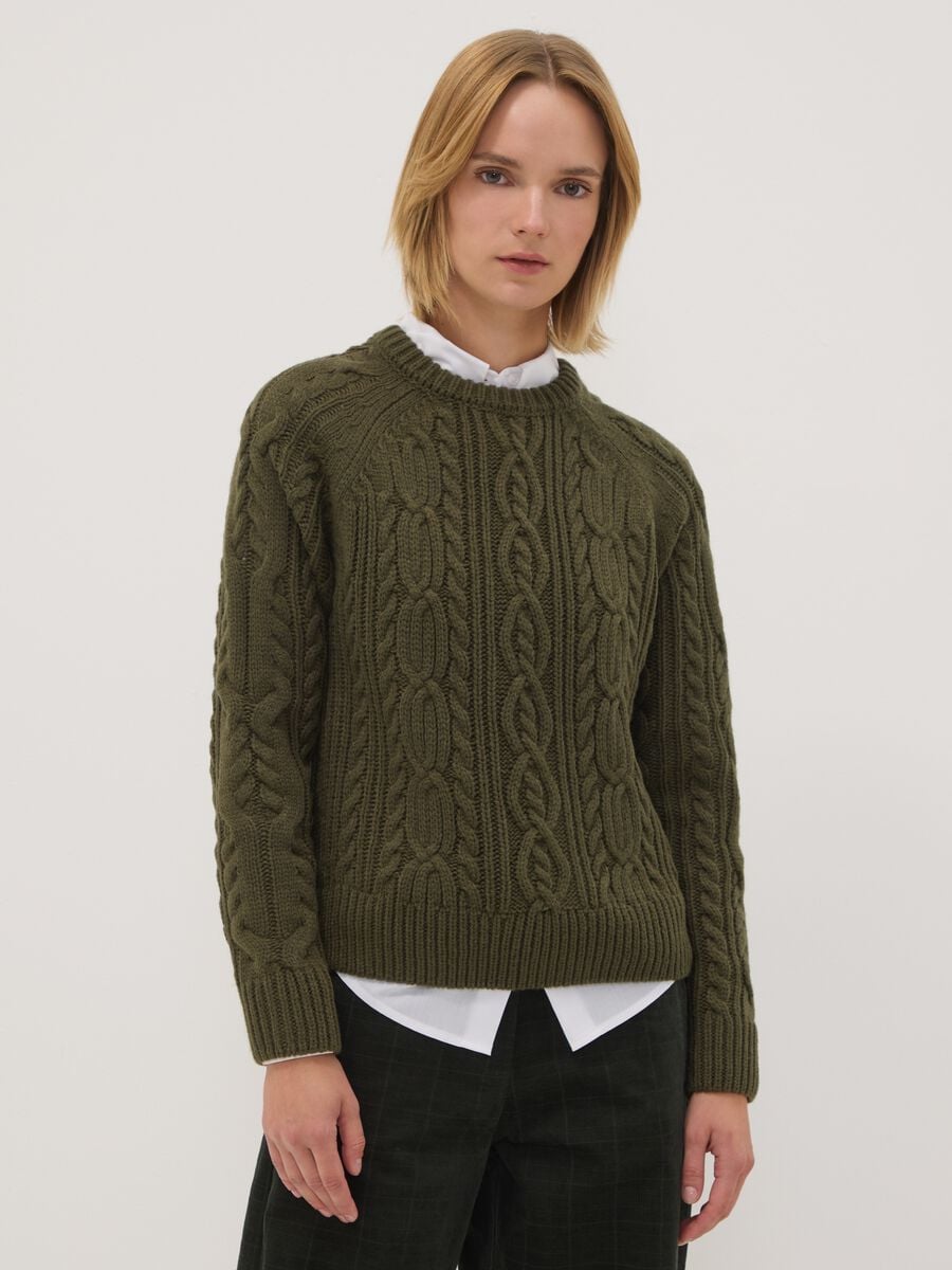 Green cable-knit wool-blend crew neck jumper_0