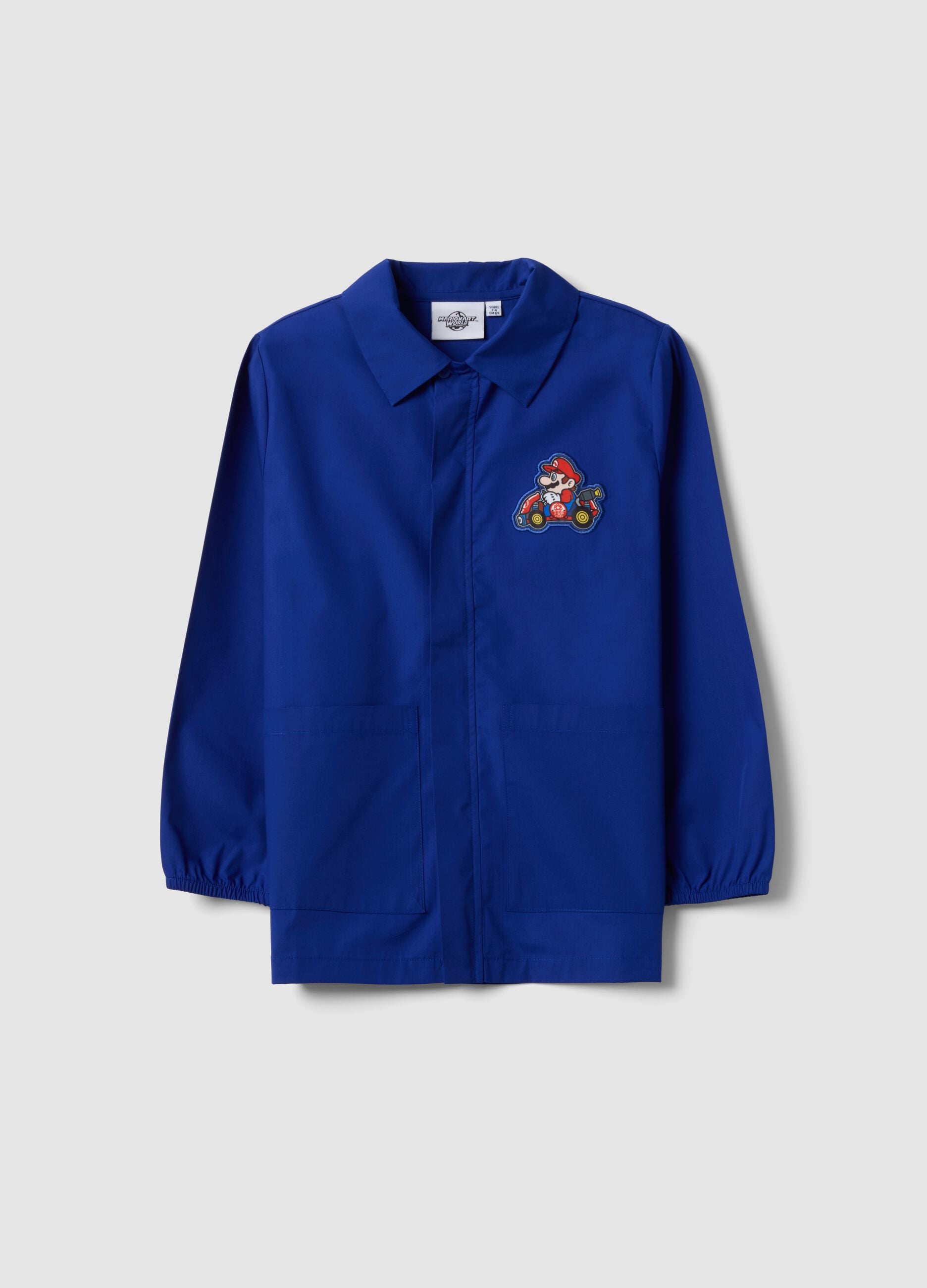 Blue boys&rsquo; school apron with zip and Mario Kart embroidery