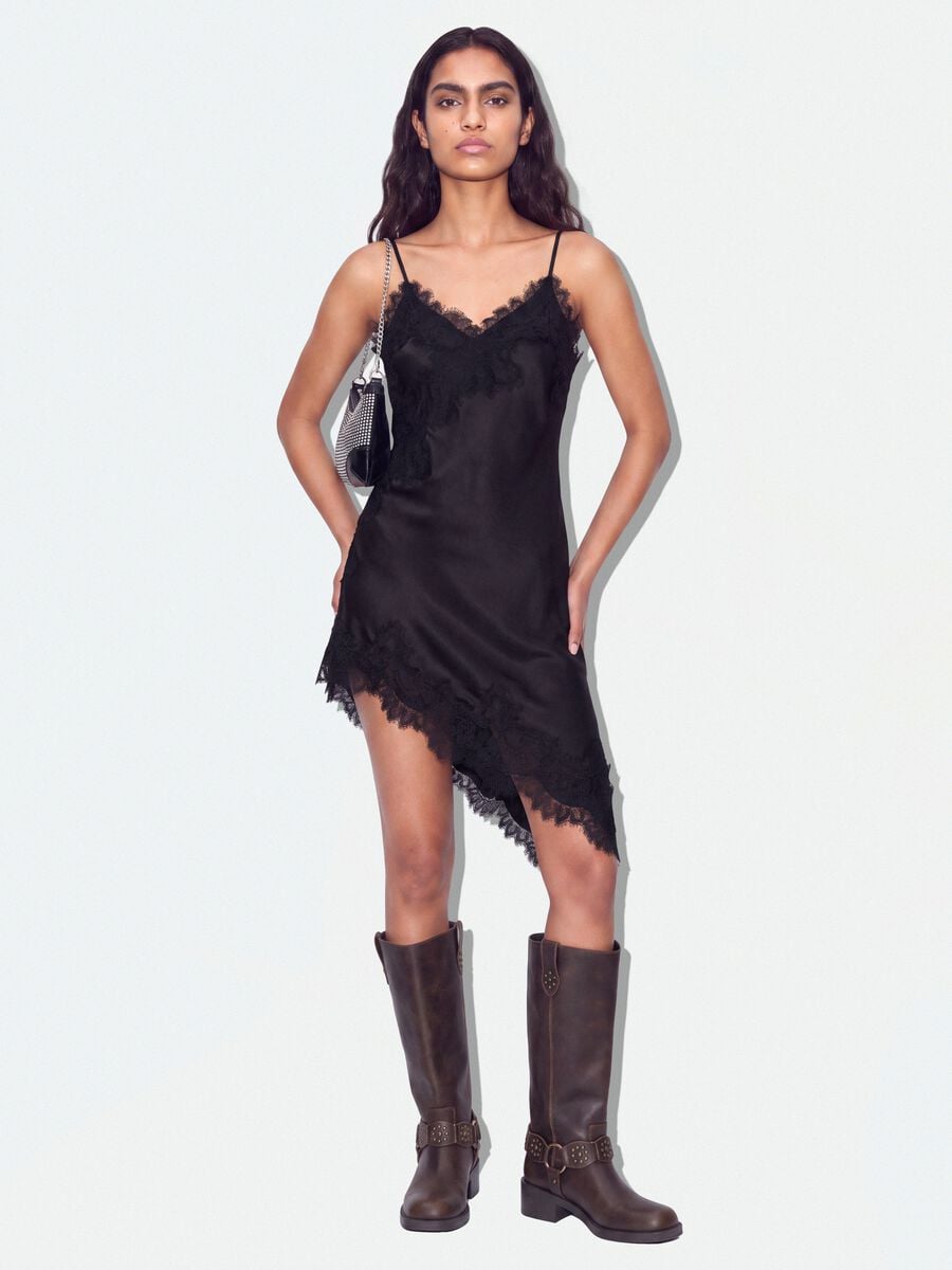 Black viscose-blend dress with deep V-neck and lace_0