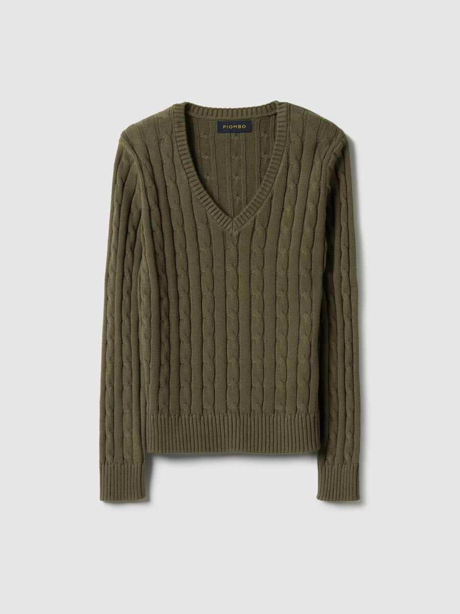 Green pure cotton regular fit pullover with cable knit_0