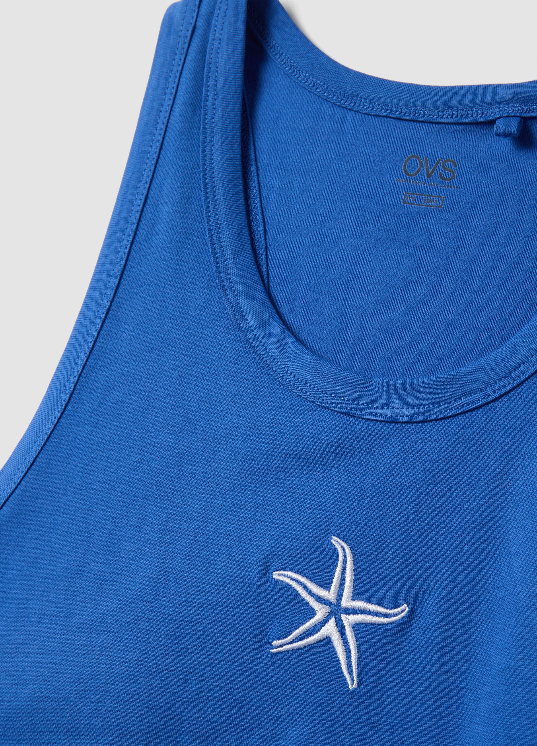 Blue pure cotton pyjama vest top, regular fit, with embroidery