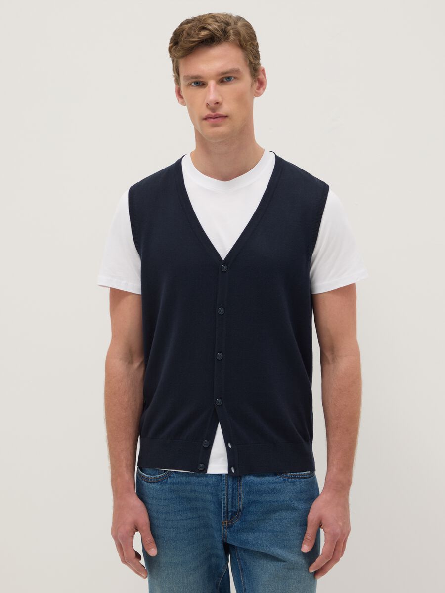 Regular fit deep V blue waistcoat in cotton blend with buttons_0