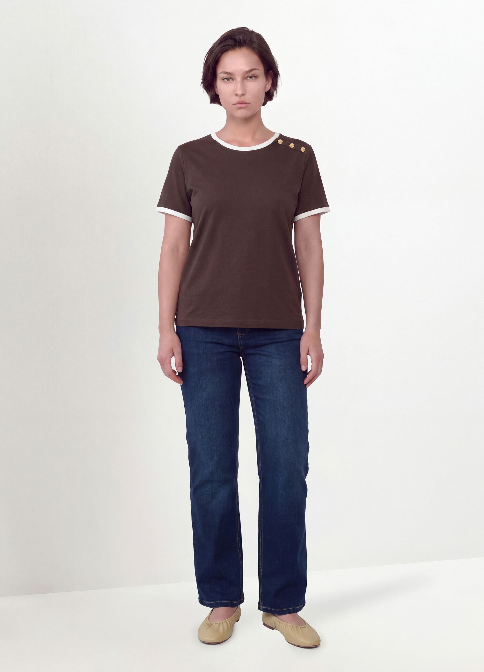 Brown pure cotton T-shirt with buttons, regular fit