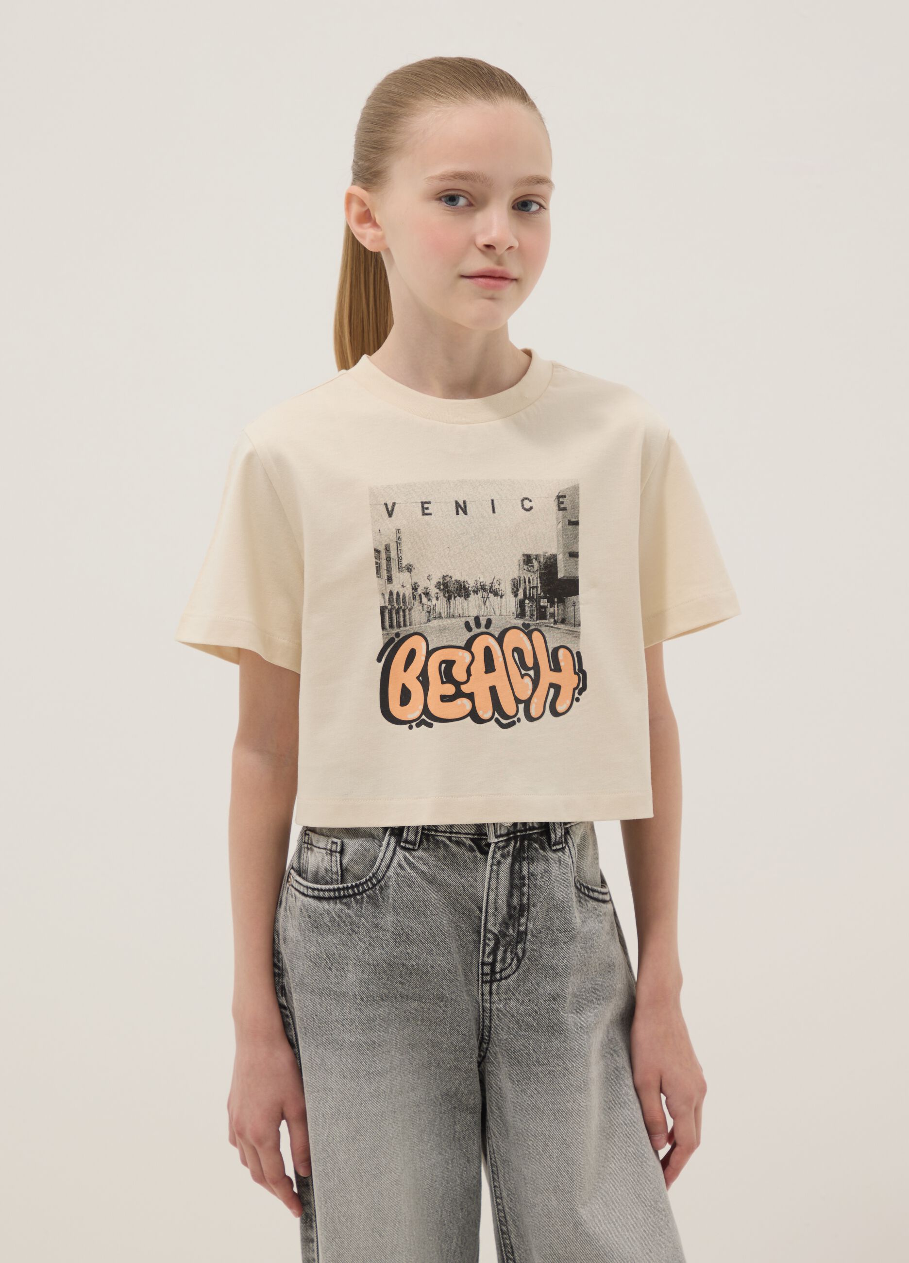 Beige organic cotton short-sleeve T-shirt