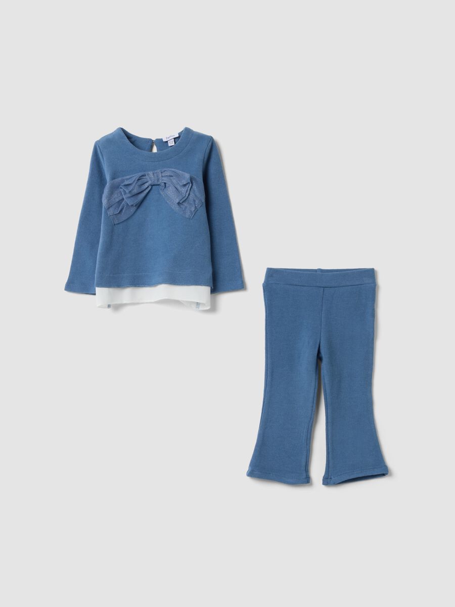Blue cotton and stretch viscose set with bow_0