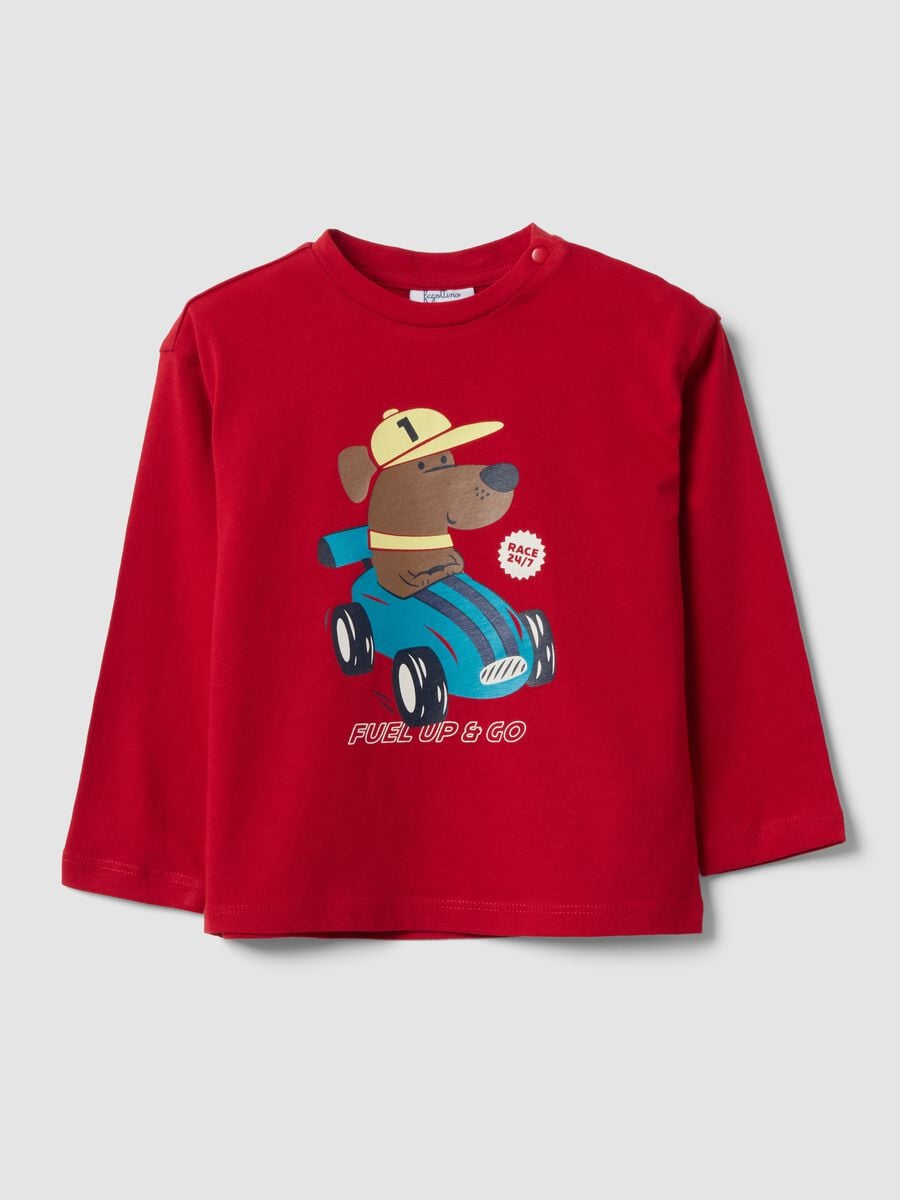 Red pure organic cotton T-shirt with puppy print for boys_0