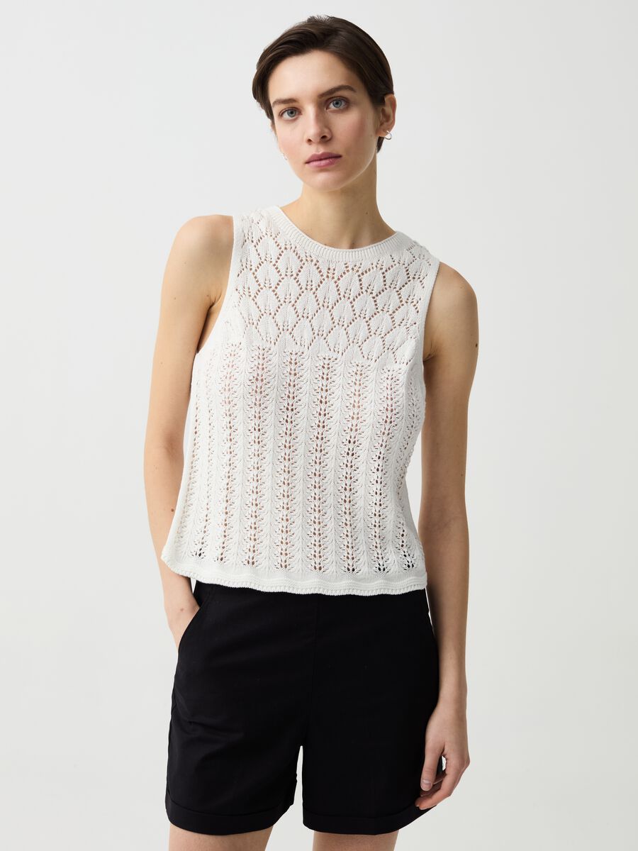 Tank top with crochet yoke and round neck_0