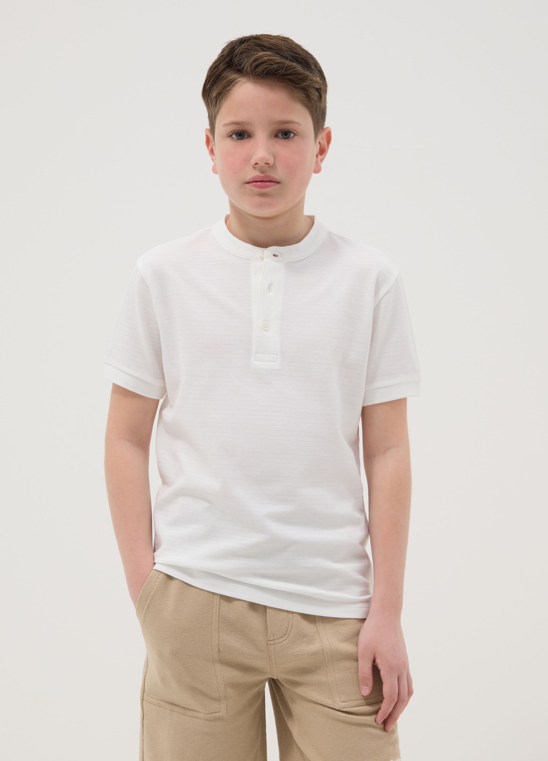 Polo in puro cotone bianca da ragazzo regular fit con collo coreano