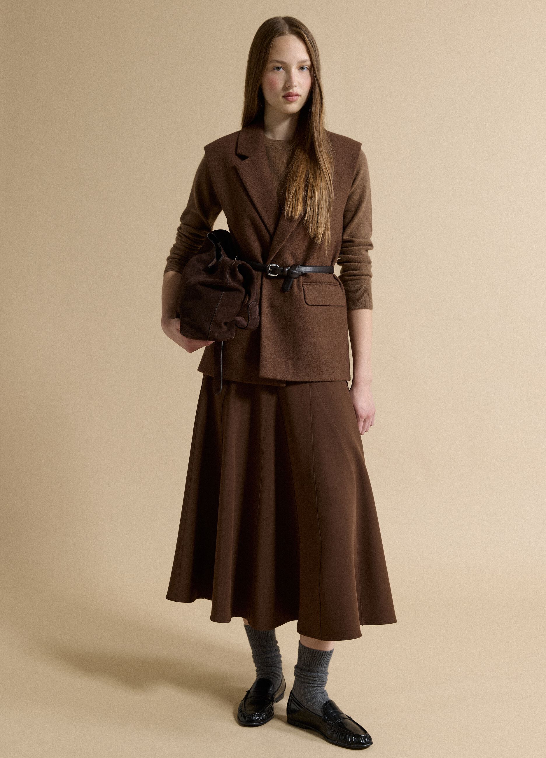 Brown stretch viscose skirt with regular waist