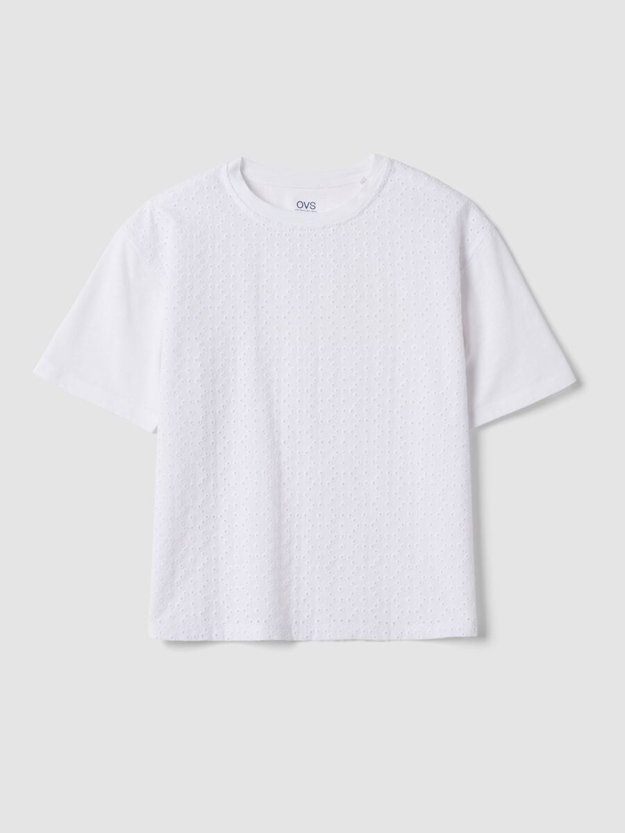 White short-sleeved pure cotton T-shirt with broderie anglaise embroidery_4