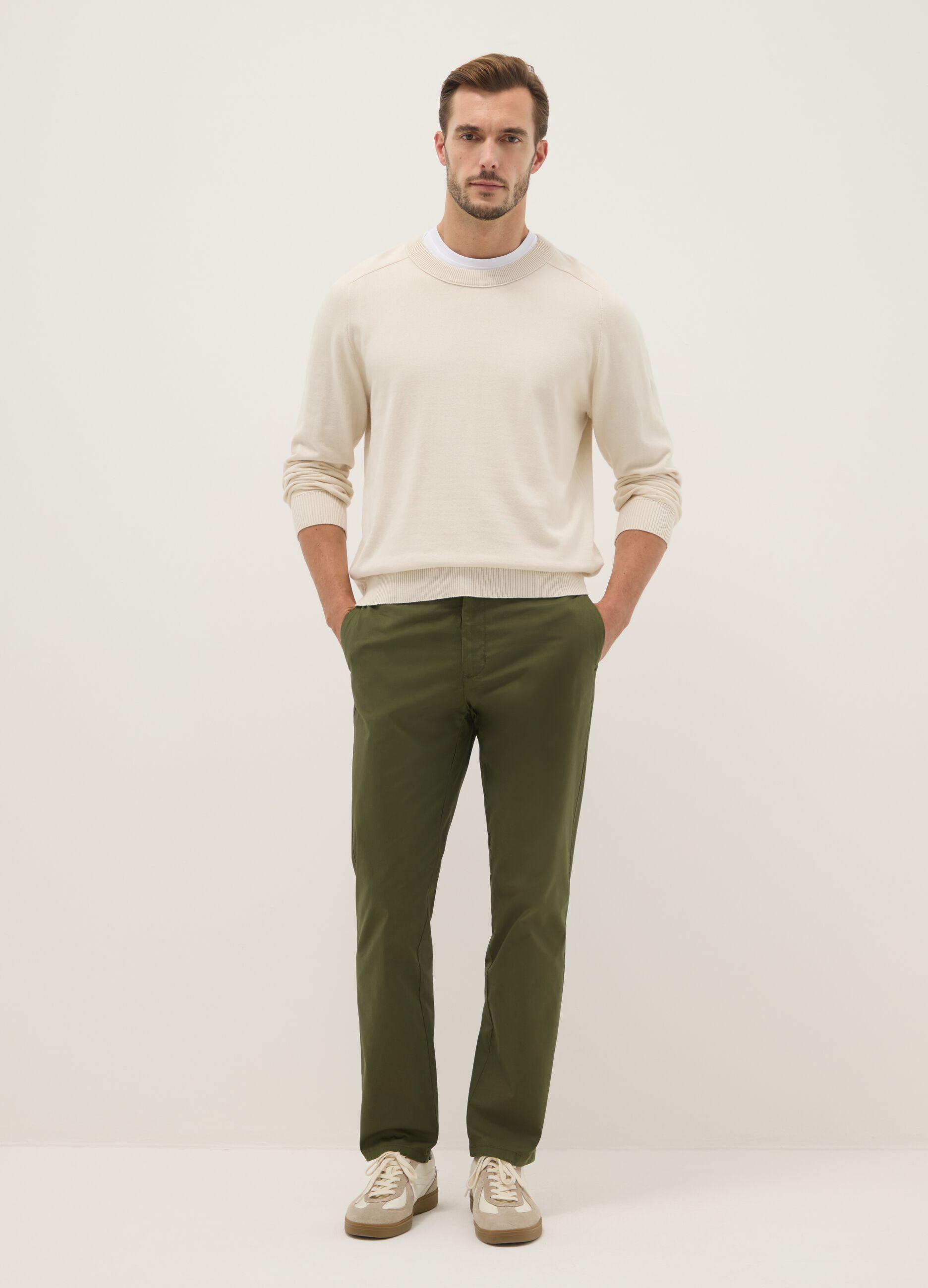 Regular fit green stretch cotton chino trousers