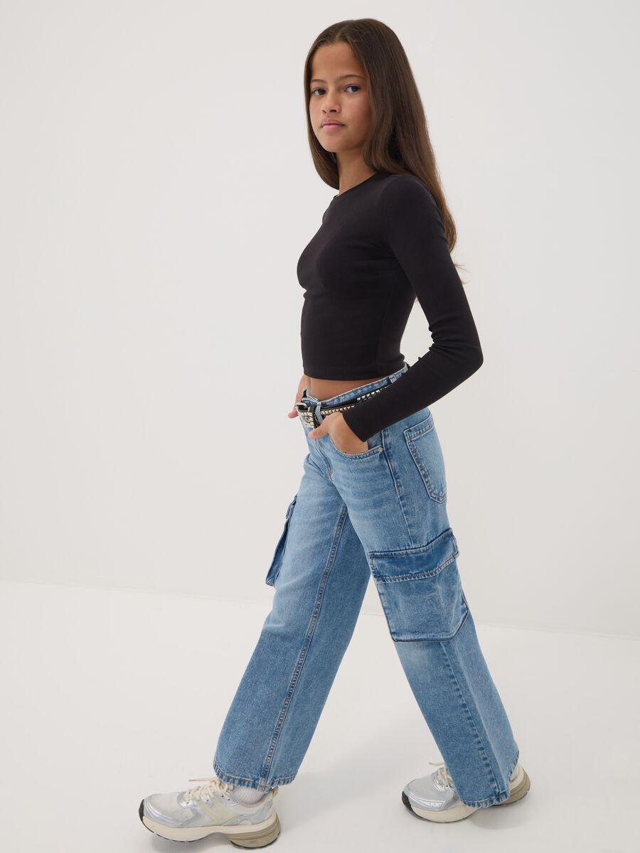 Light blue pure cotton denim cargo jeans, relaxed fit for girls_2