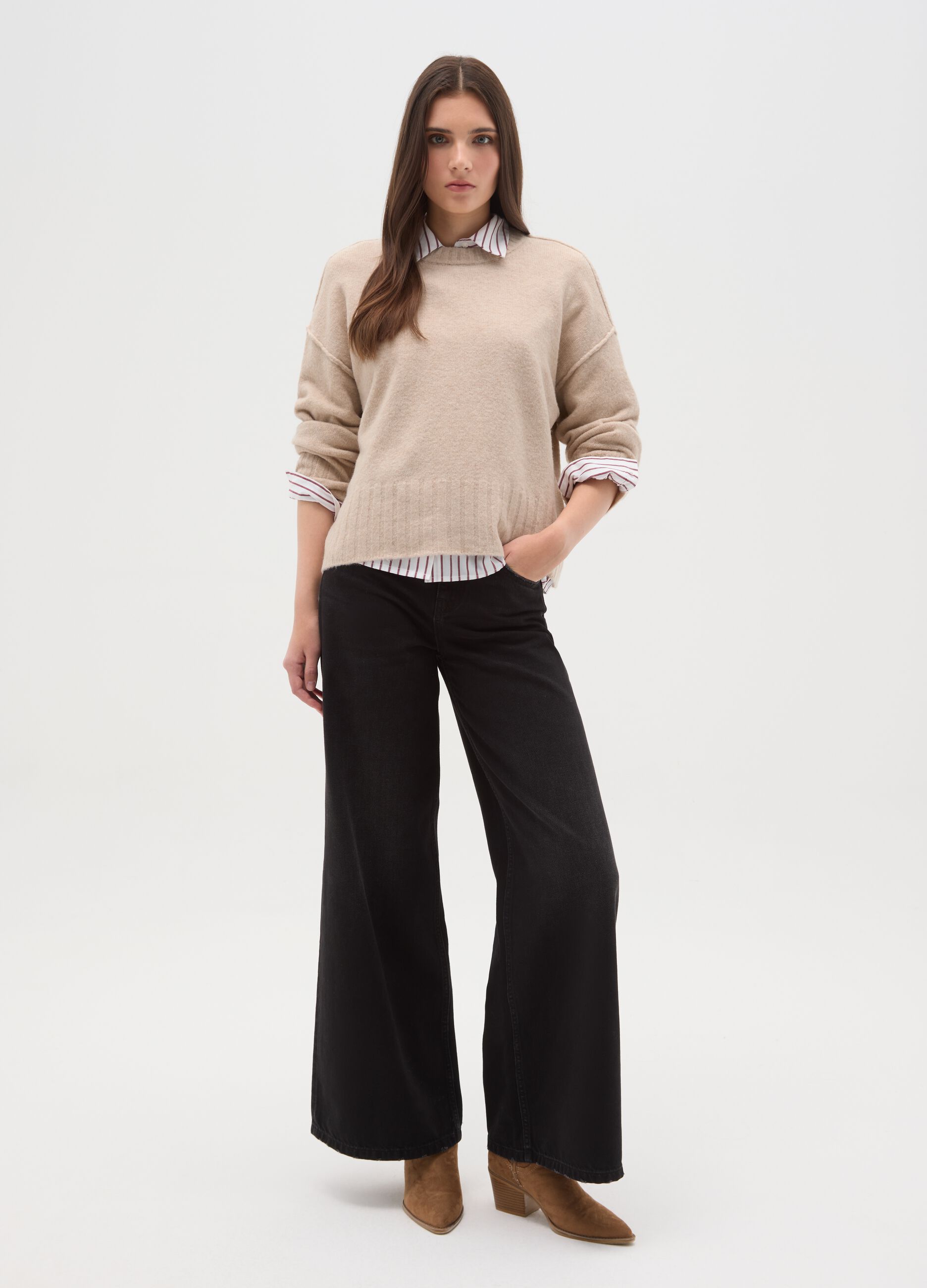 Beige stretch fabric oversized fit pullover with crew neck