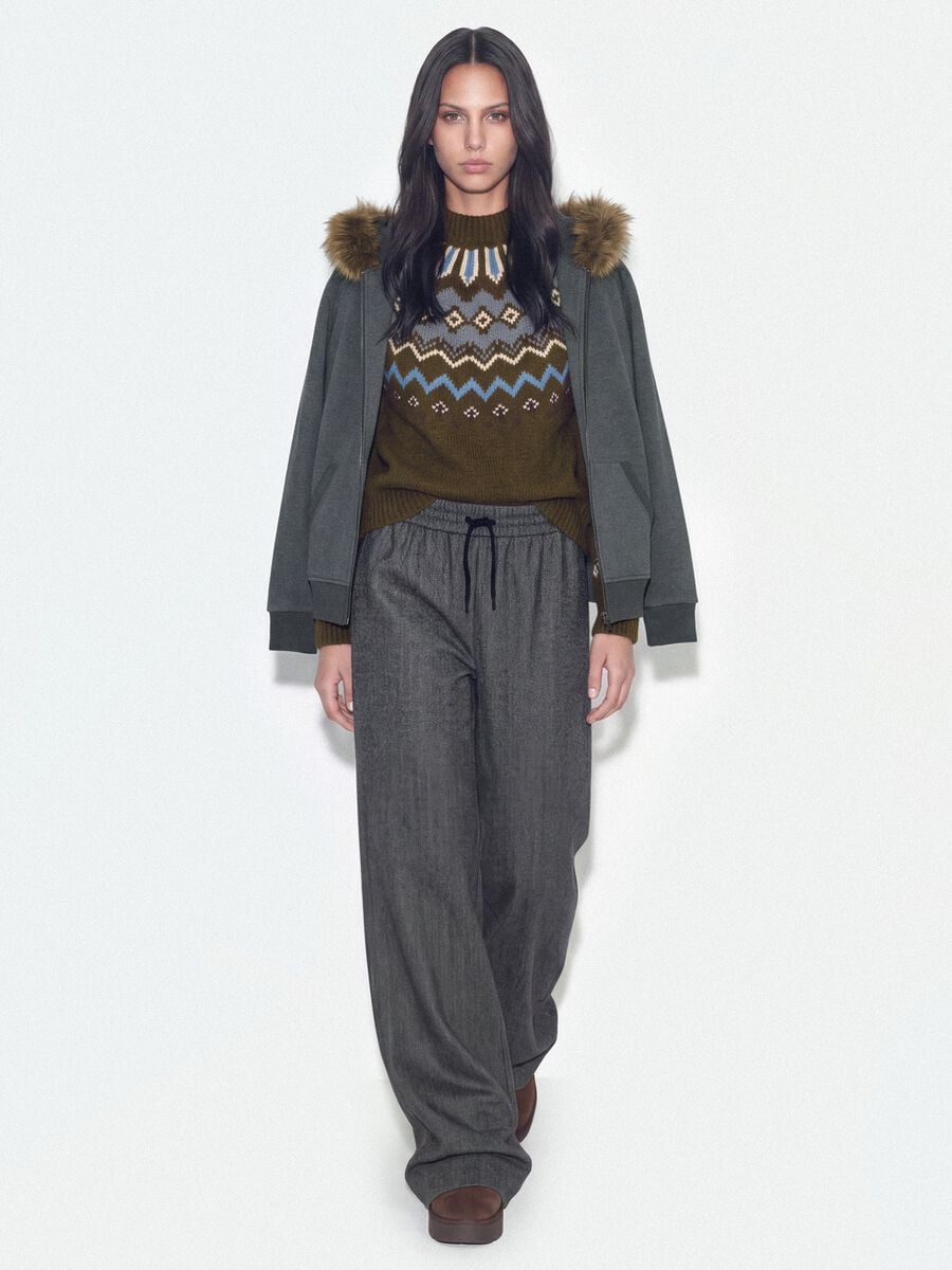 Grey stretch viscose-blend wide-leg joggers with pattern_1