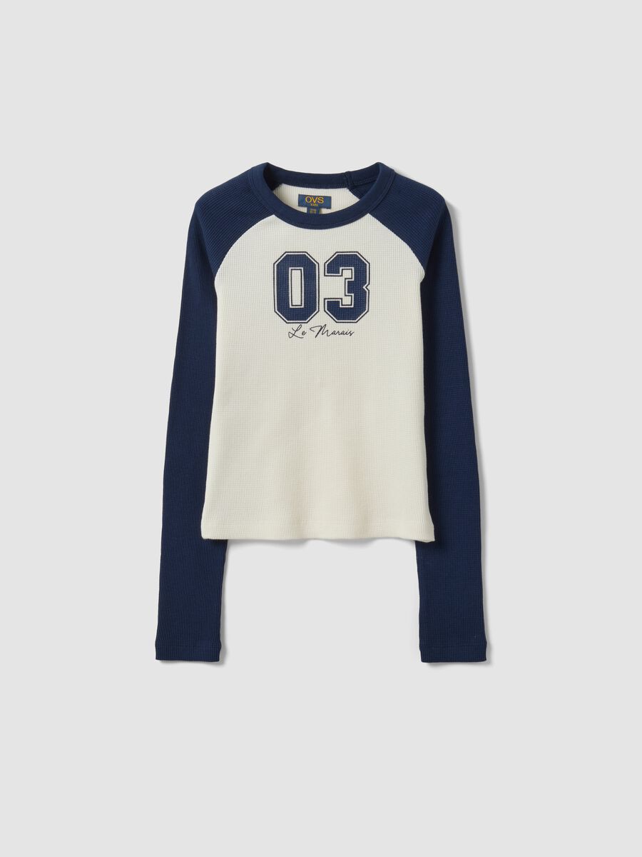 Blue stretch cotton T-shirt with contrast sleeves for girls_0