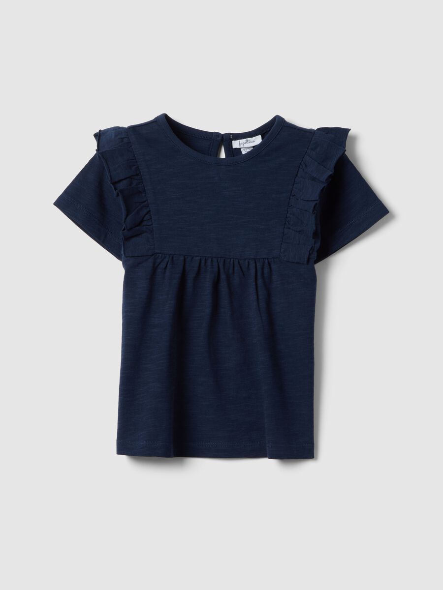 Girls&rsquo; blue pure cotton regular-fit T-shirt with frills_0