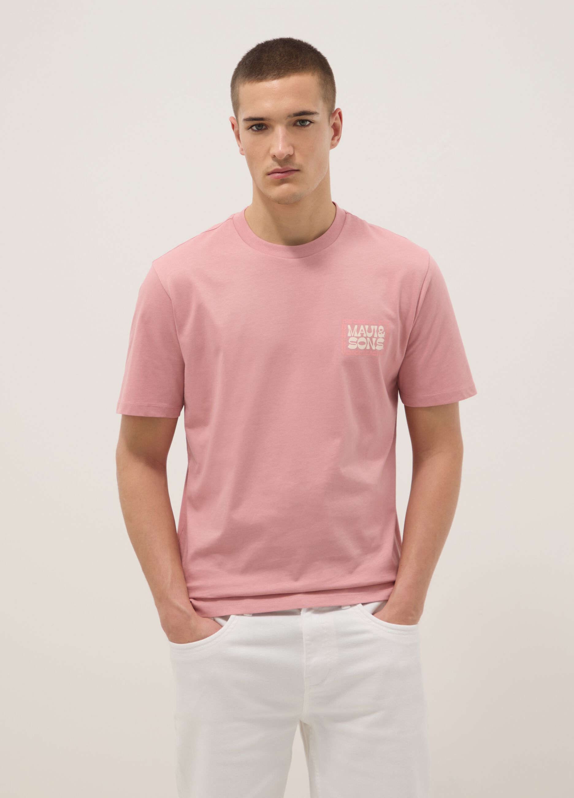 Pink pure cotton relaxed-fit short-sleeve T-shirt with print