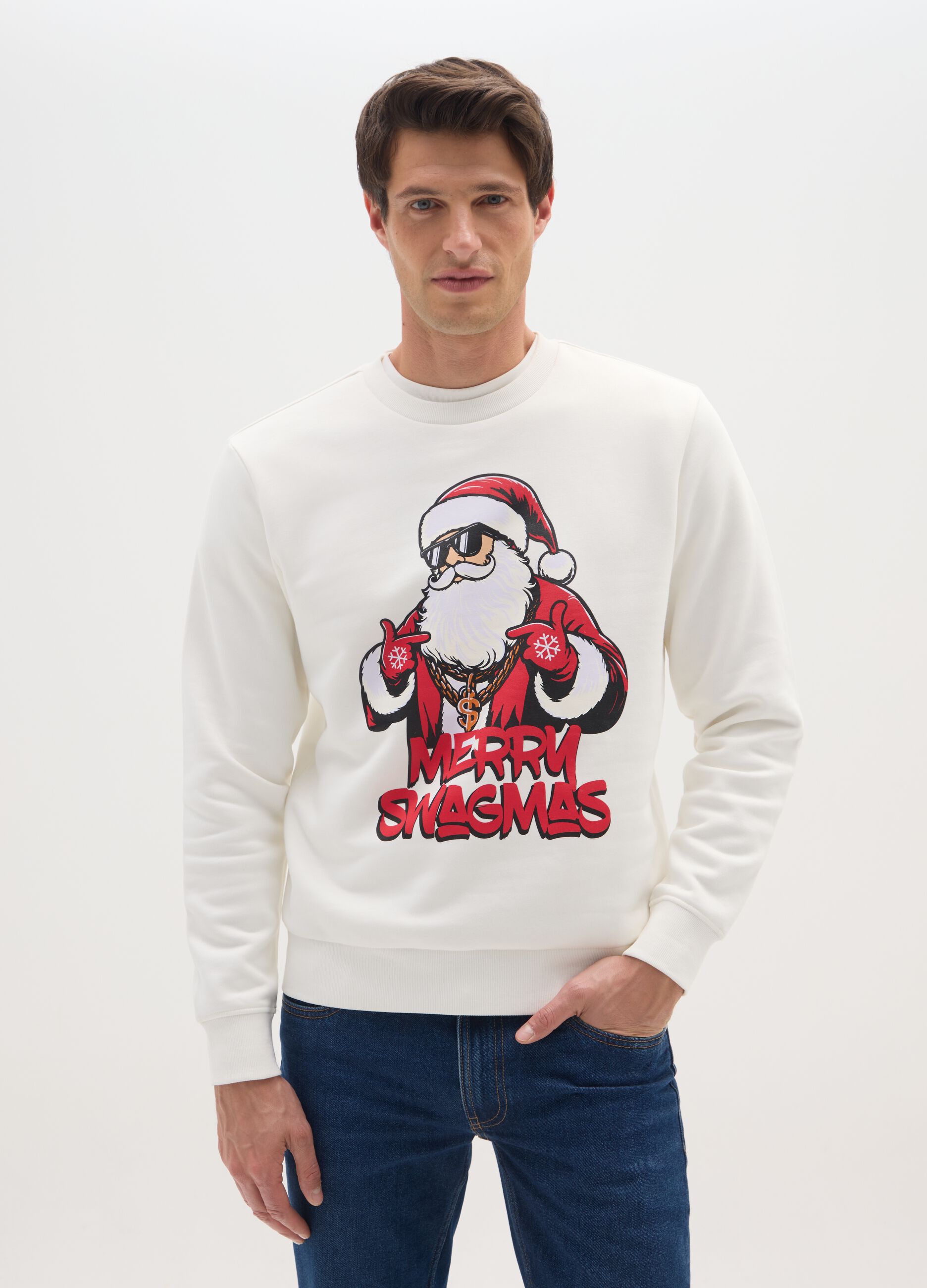 White cotton blend regular fit sweatshirt with Christmas print