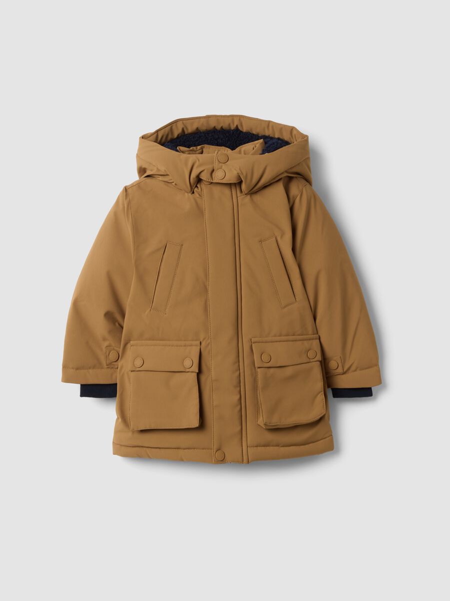 Long padded brown parka with hood, regular fit_0