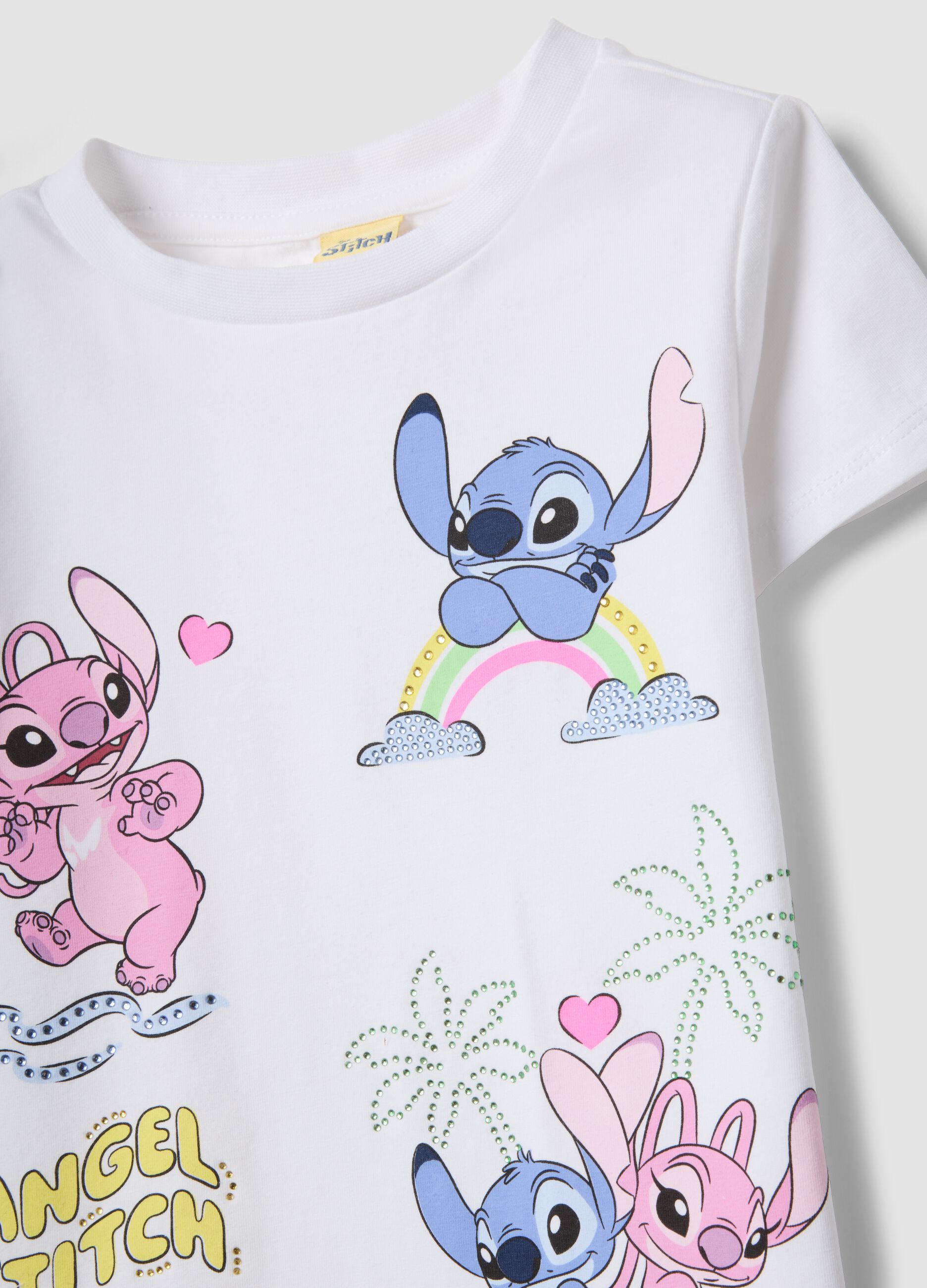Conjunto multicolor em algod&atilde;o el&aacute;stico para menina com estampados do Stitch