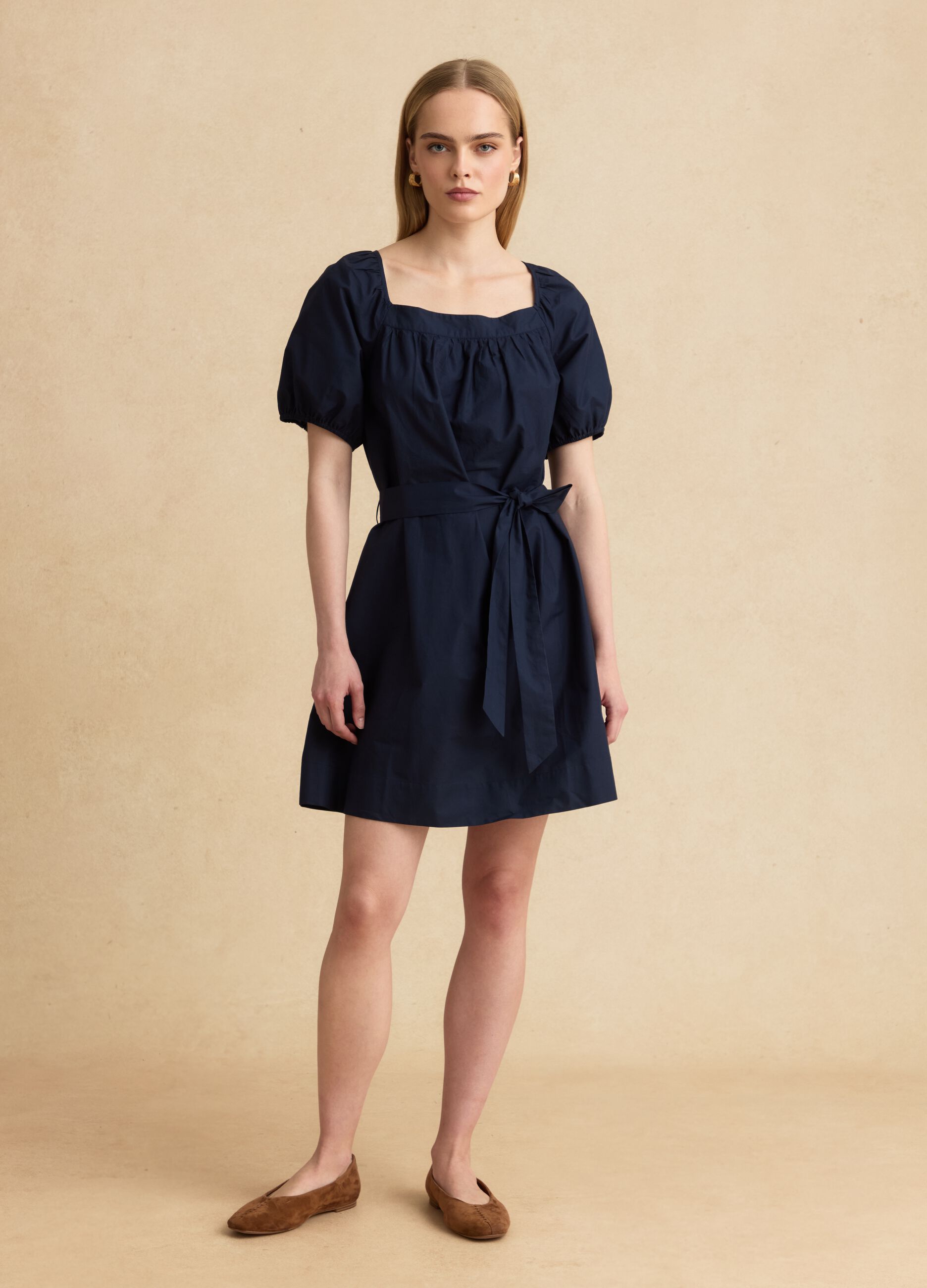 Blue pure cotton mini dress with belt