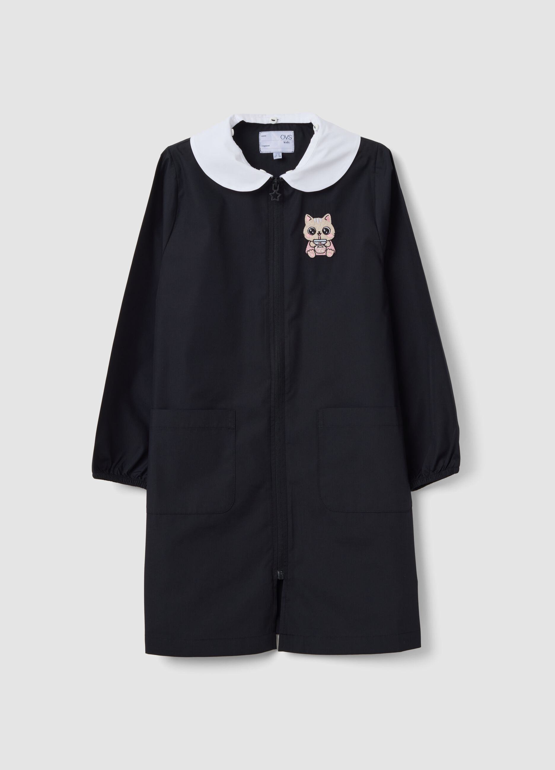 Black girls&rsquo; school smock with kitten embroidery and white collar