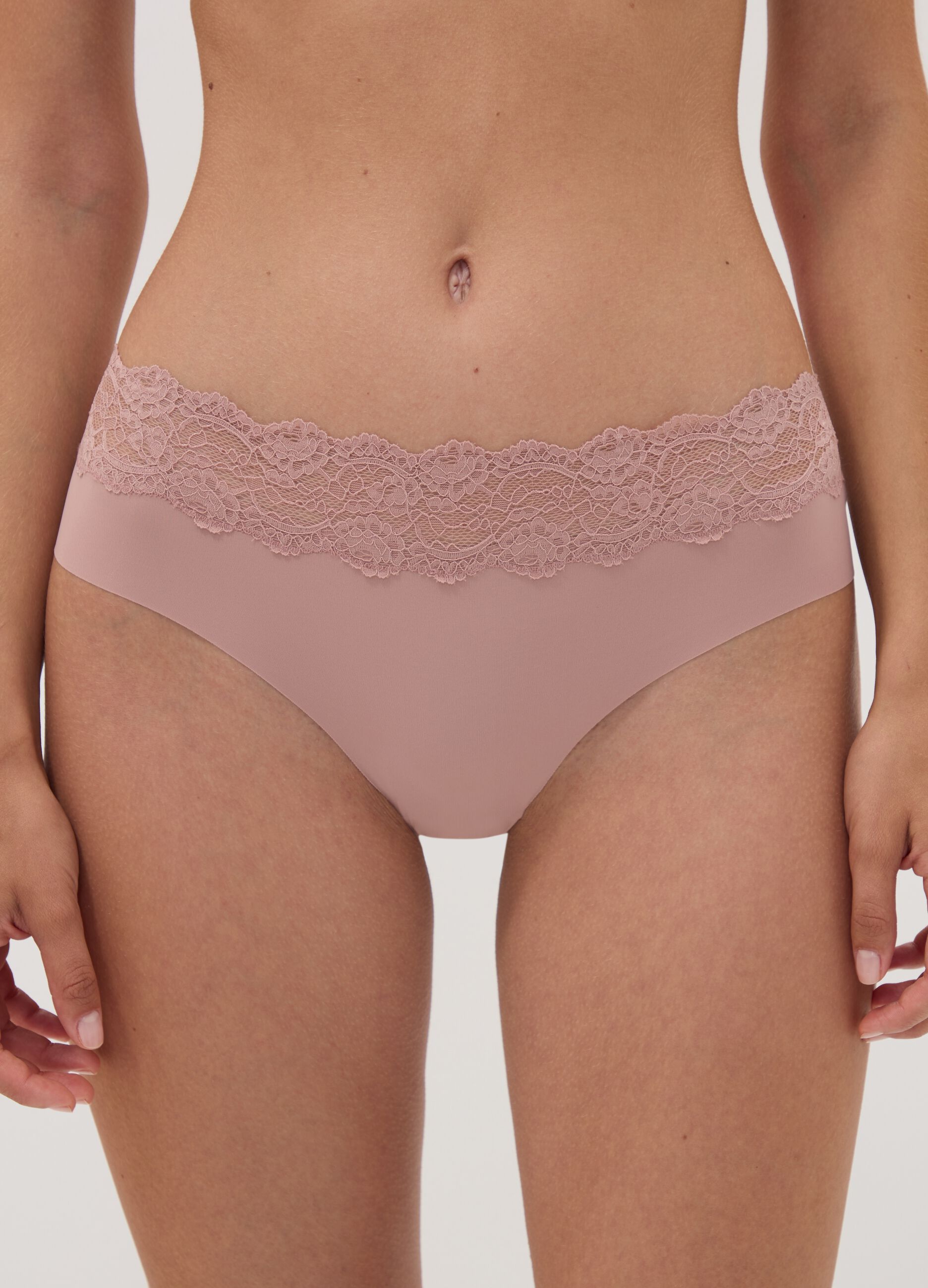 Pink stretch microfibre briefs with lace