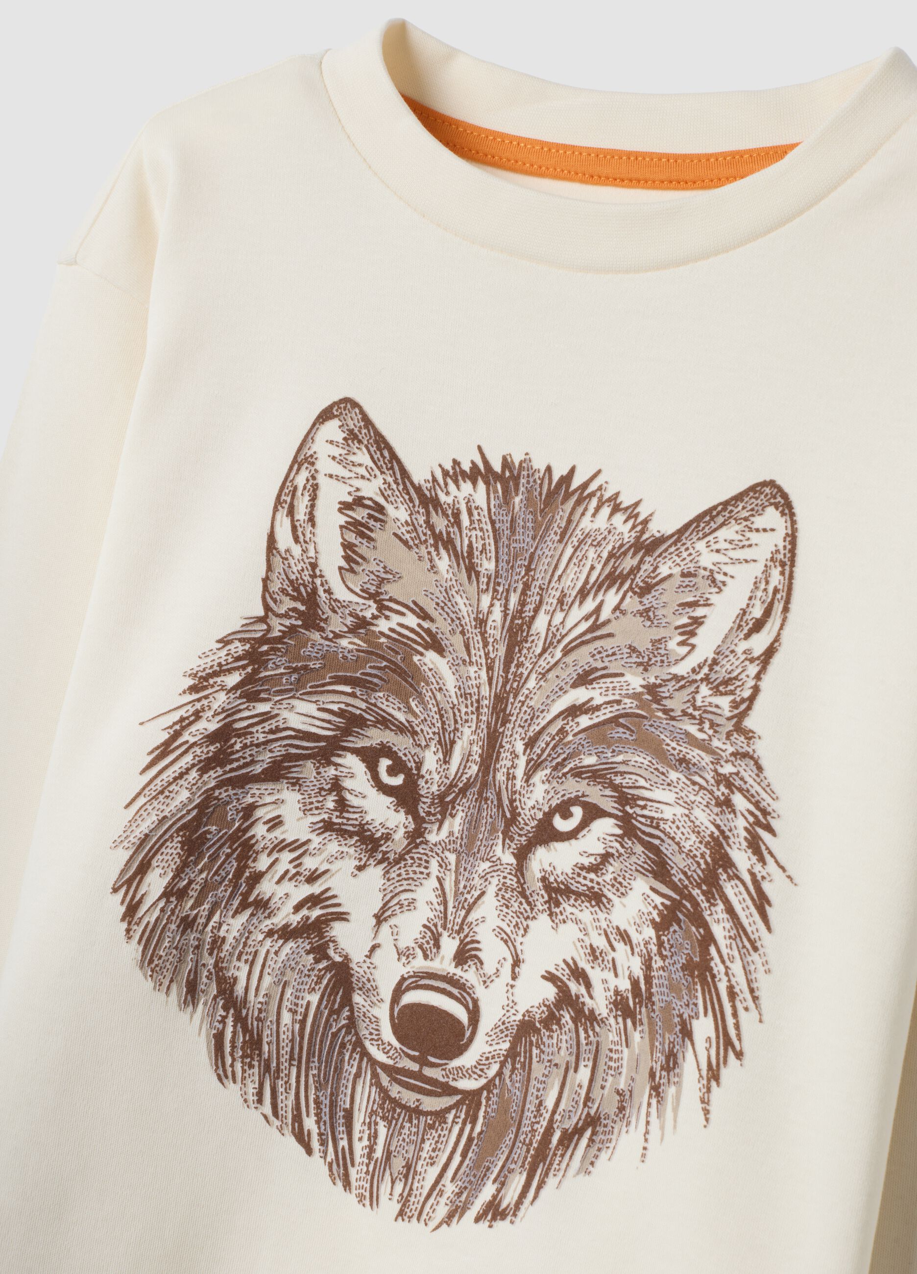 T-shirt bianca in puro cotone con girocollo e stampa lupo over fit