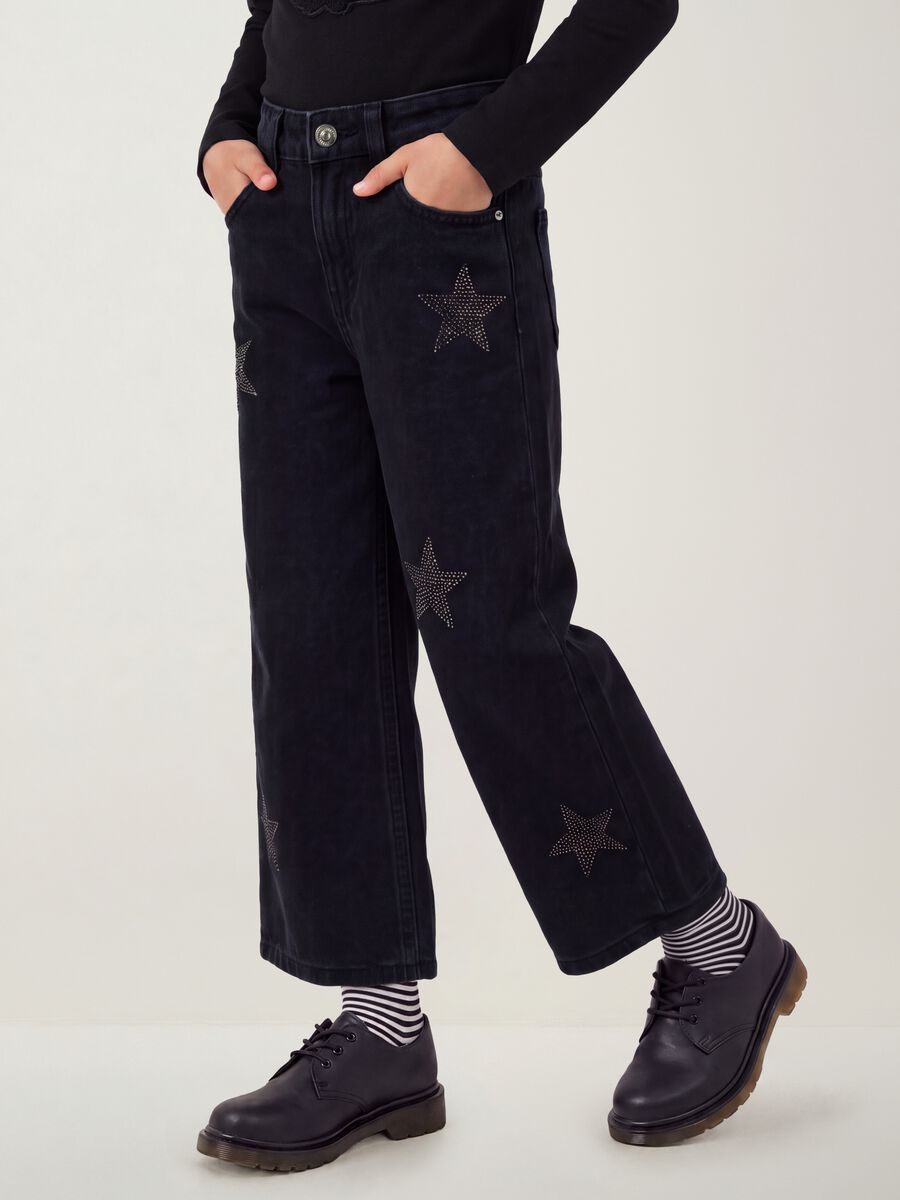 Blue pure cotton wide-leg jeans with stars_1