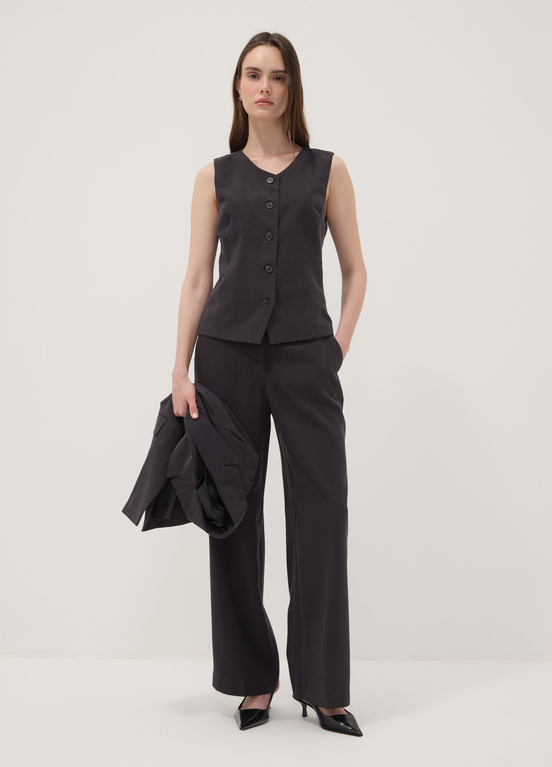 Black viscose-blend straight-leg trousers