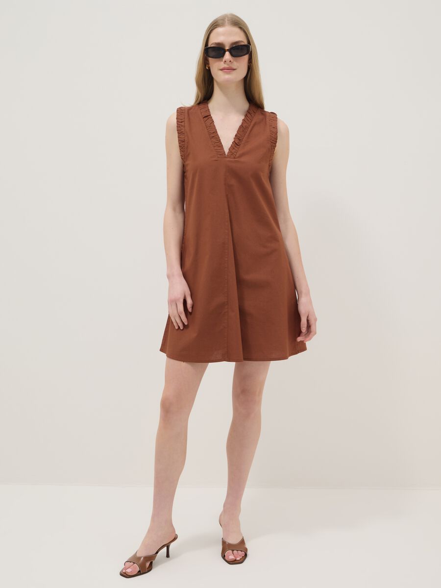 Brown pure cotton regular-fit mini dress with ruched V-neck_1
