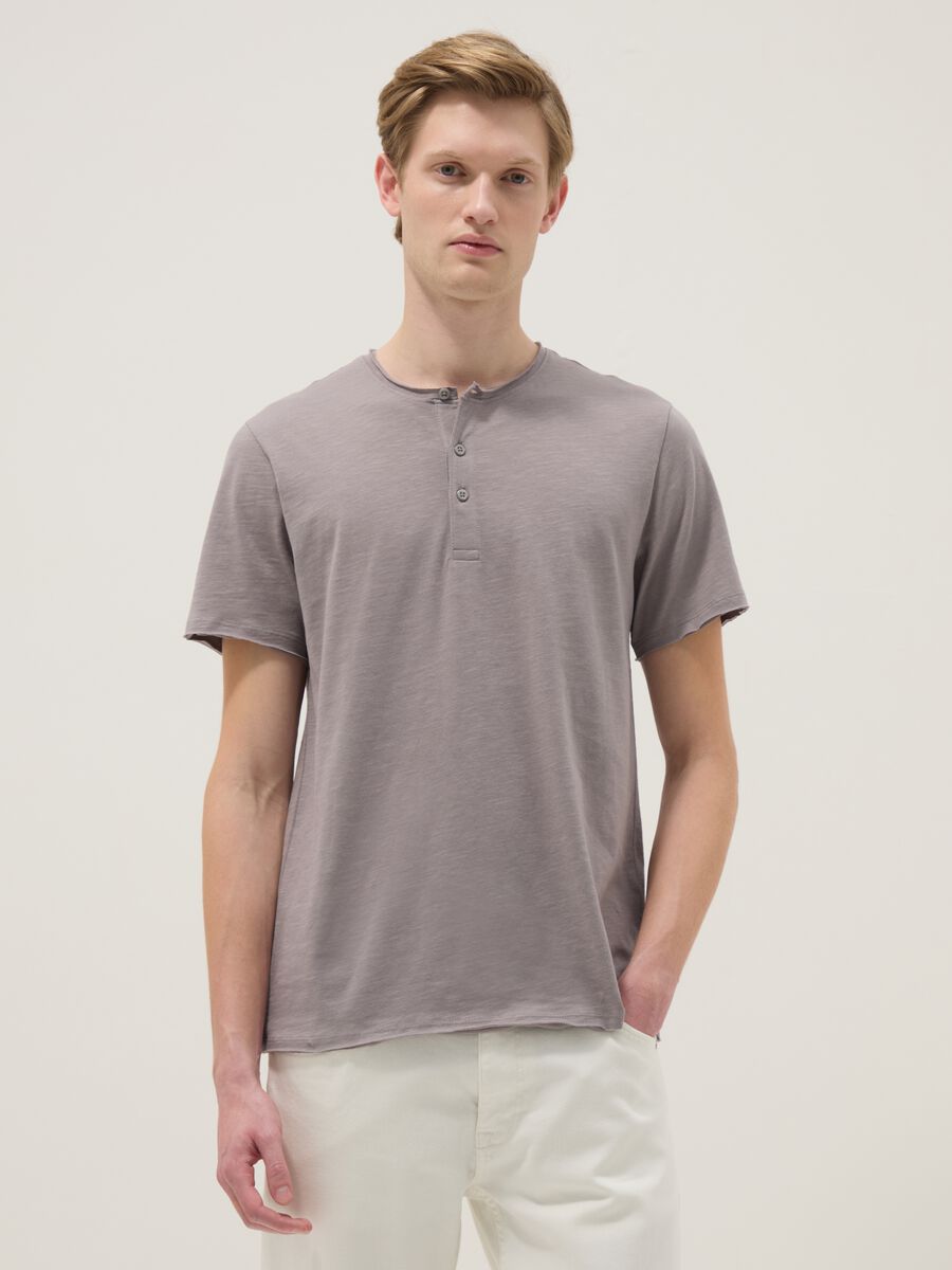 Grey pure cotton regular fit T-shirt with henley collar_0