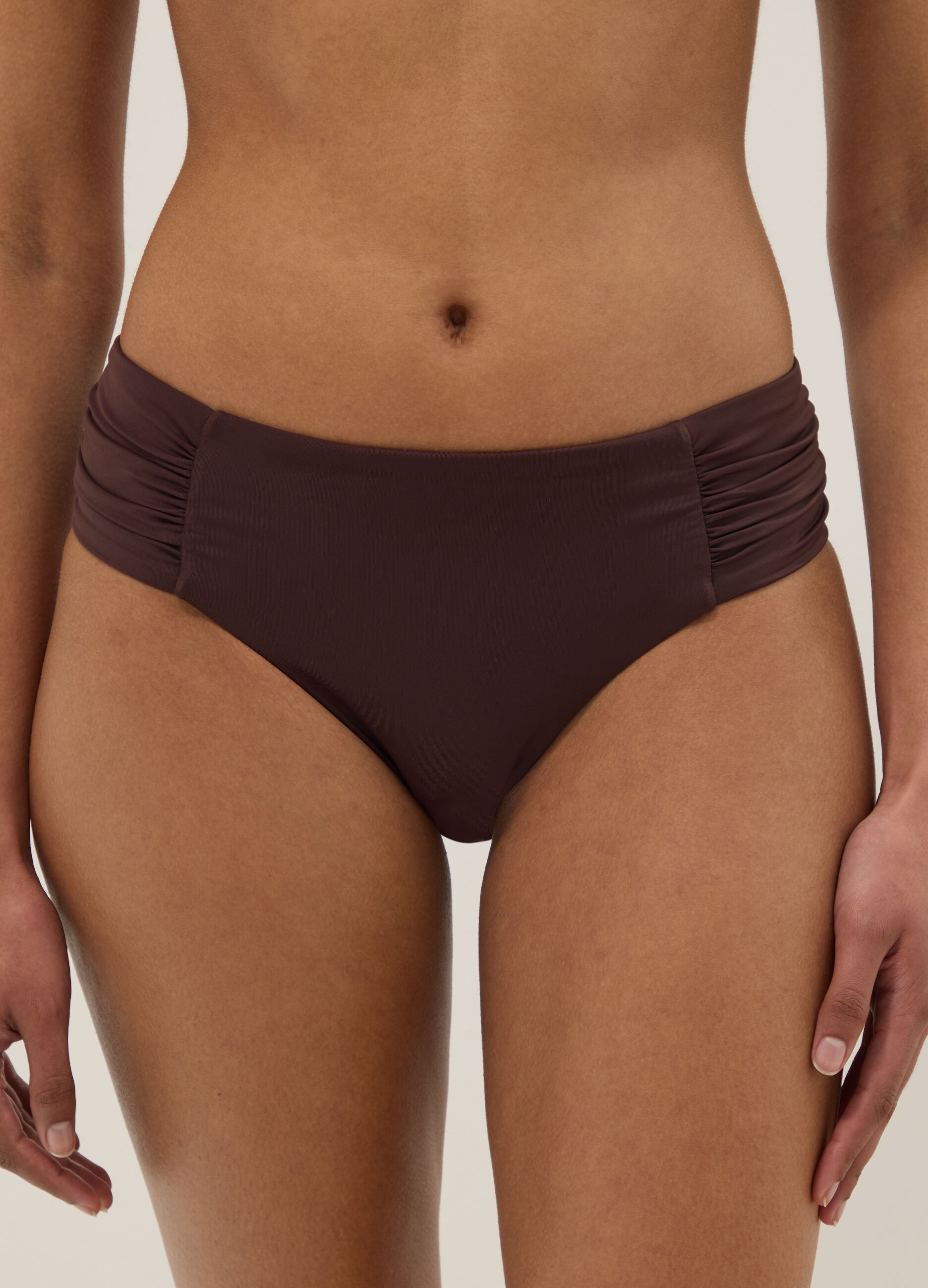 Brown stretch swim briefs with side ruching