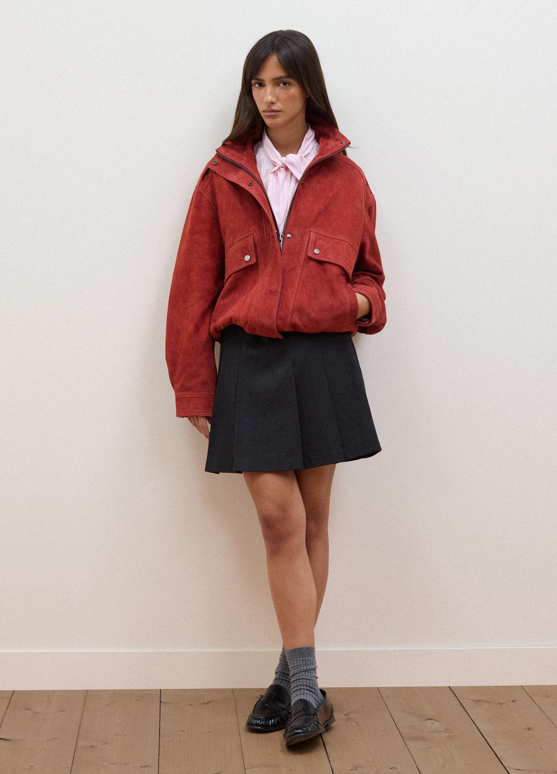 Bomber rosso in vera pelle con zip e bottoni regular fit