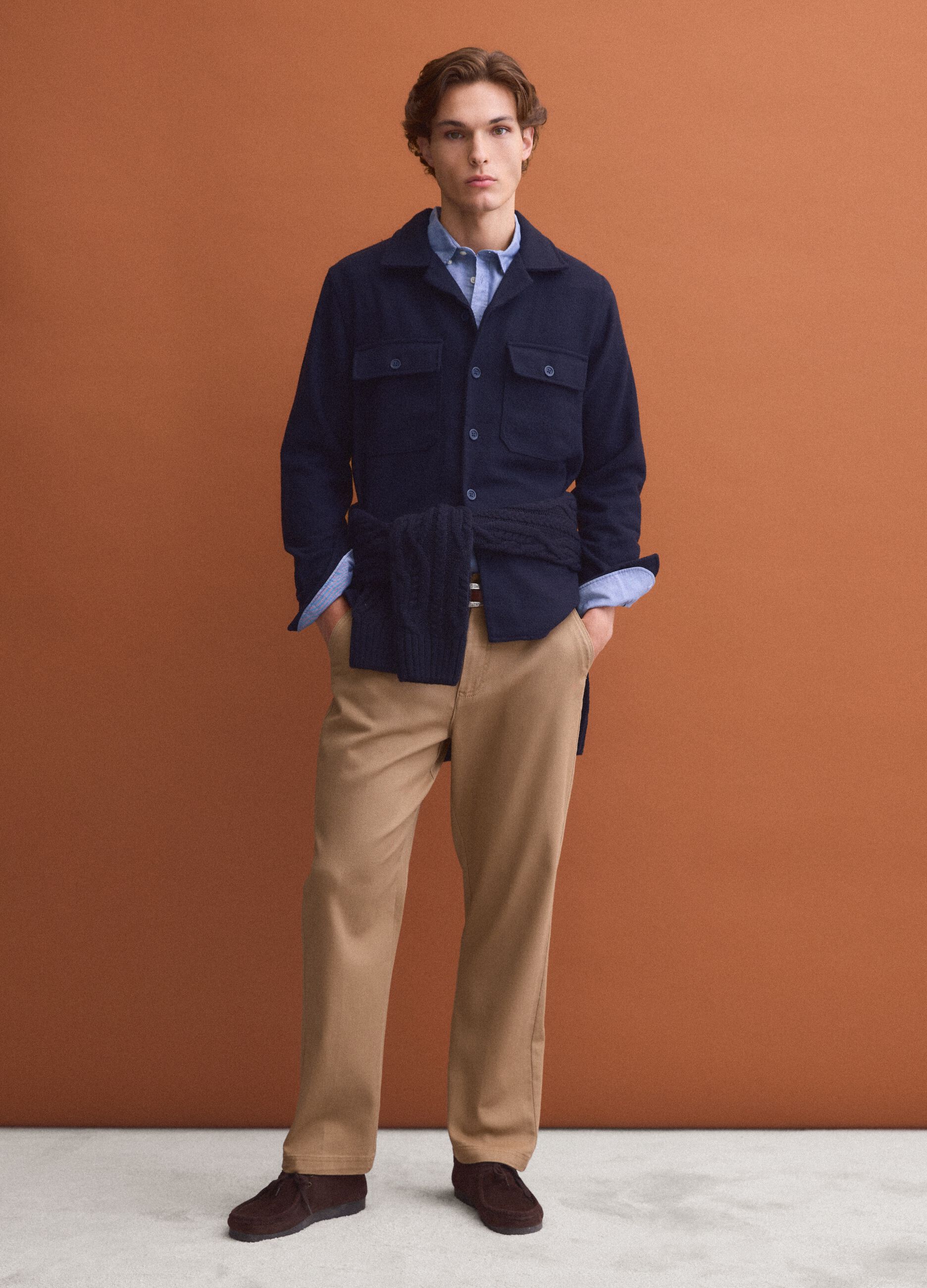 Brown stretch-cotton chino trousers, straight fit