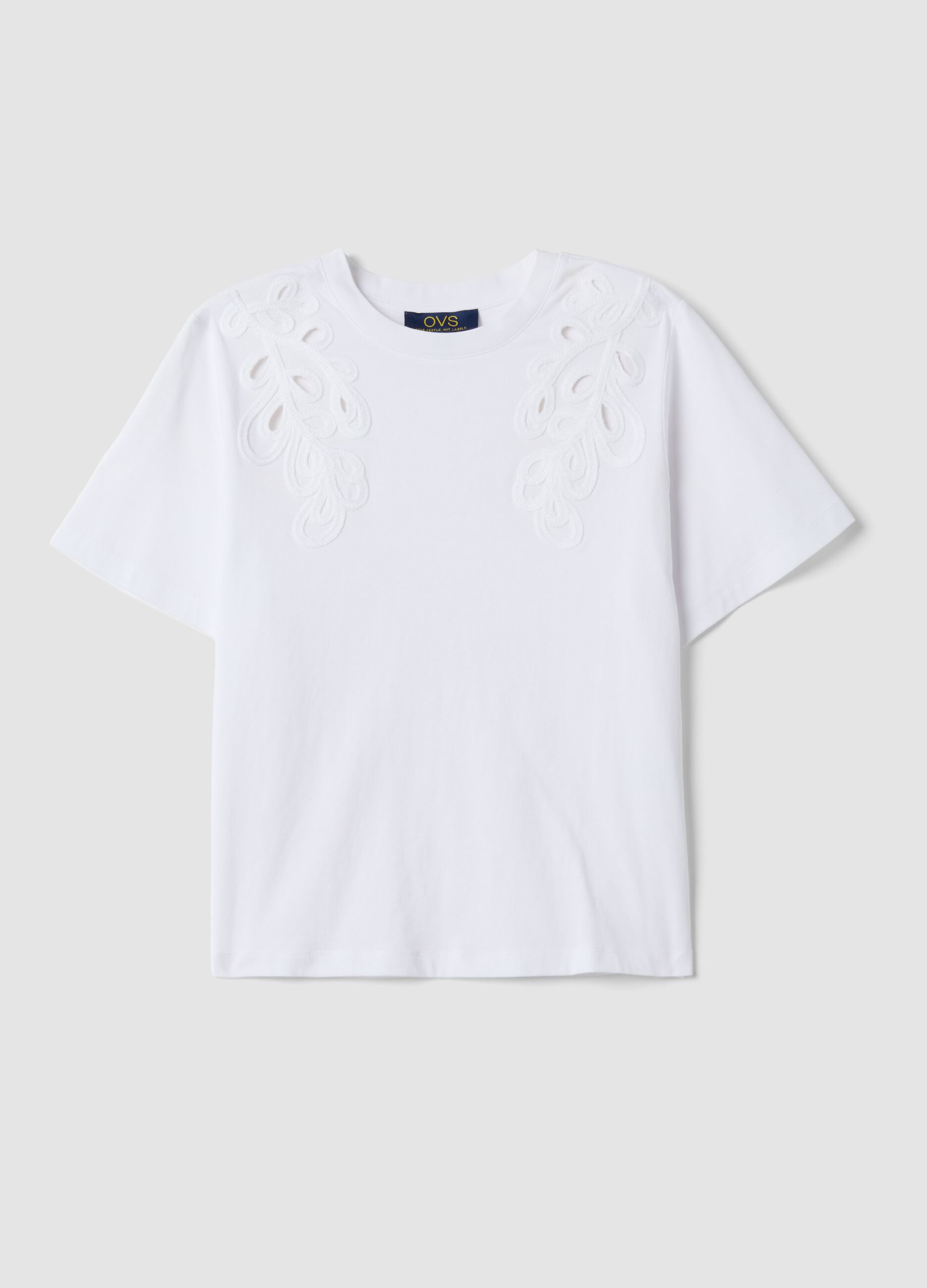 White pure cotton T-shirt with embroidery, regular fit