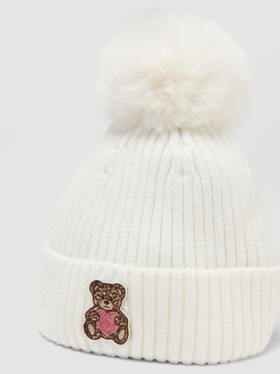 White ribbed viscose-blend beanie with pompom_2