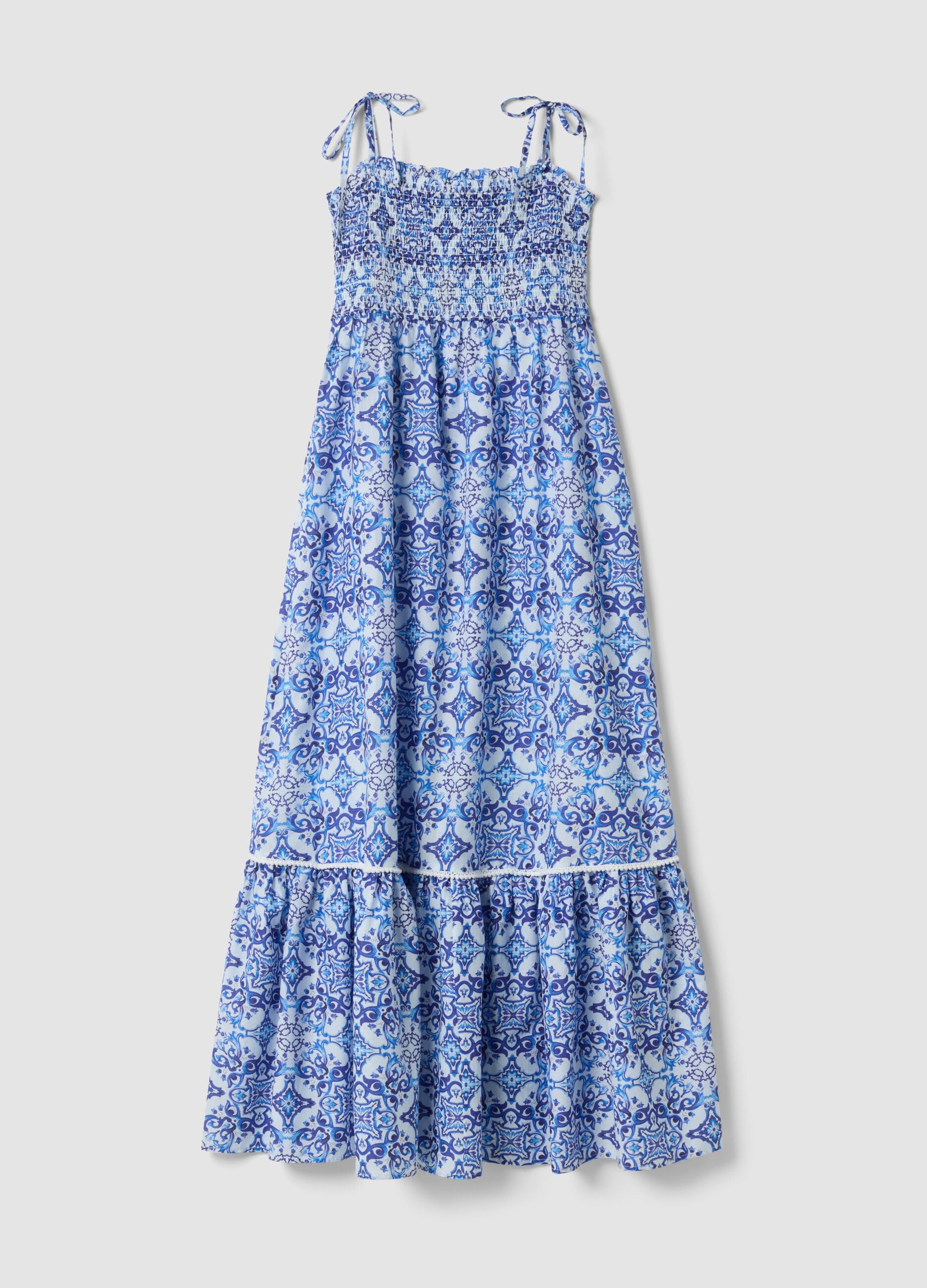 Blaues Maxikleid aus reiner Baumwolle mit Bindetr&auml;gern