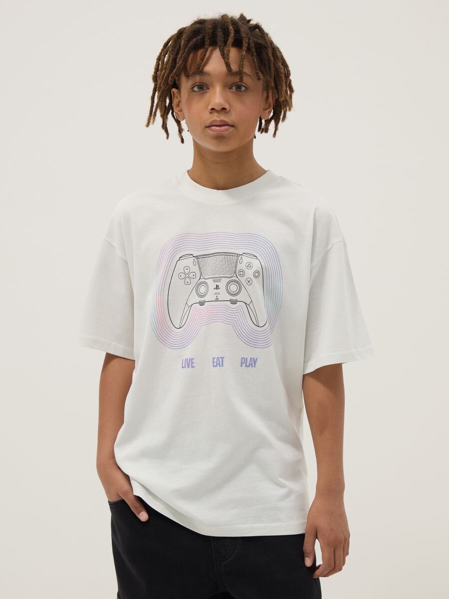 White pure cotton oversized fit boy's T-shirt with print_0