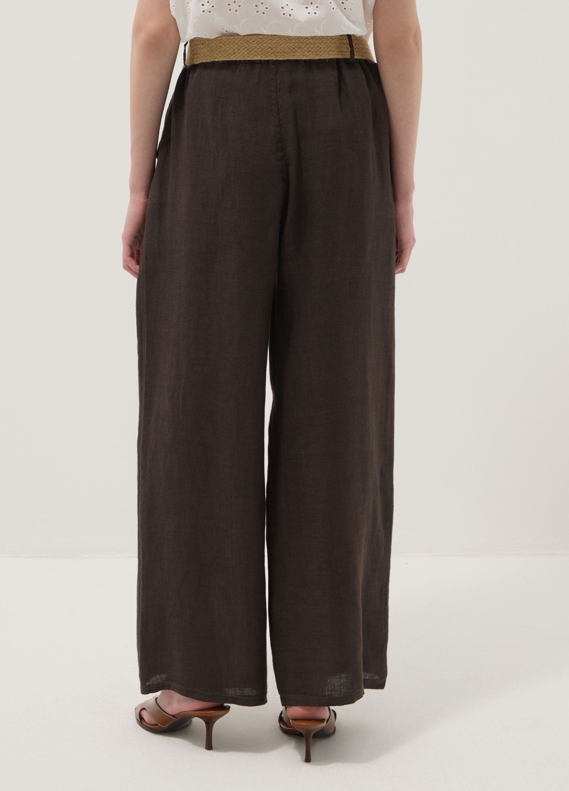 Braune Wide-Leg-Hose aus reinem Leinen mit elastischem Bund