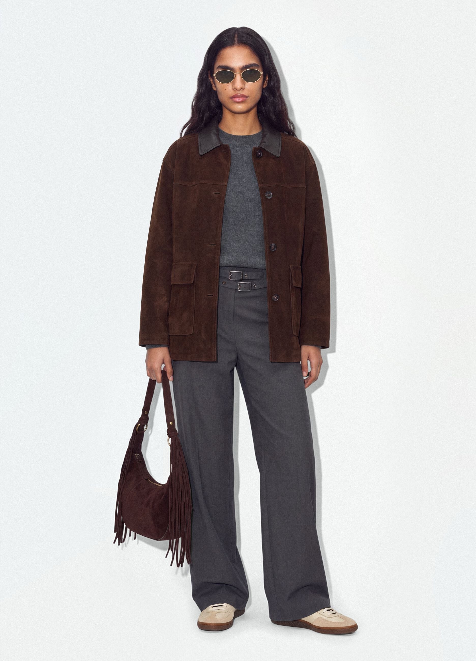 Grey formal stretch-viscose trousers with belt
