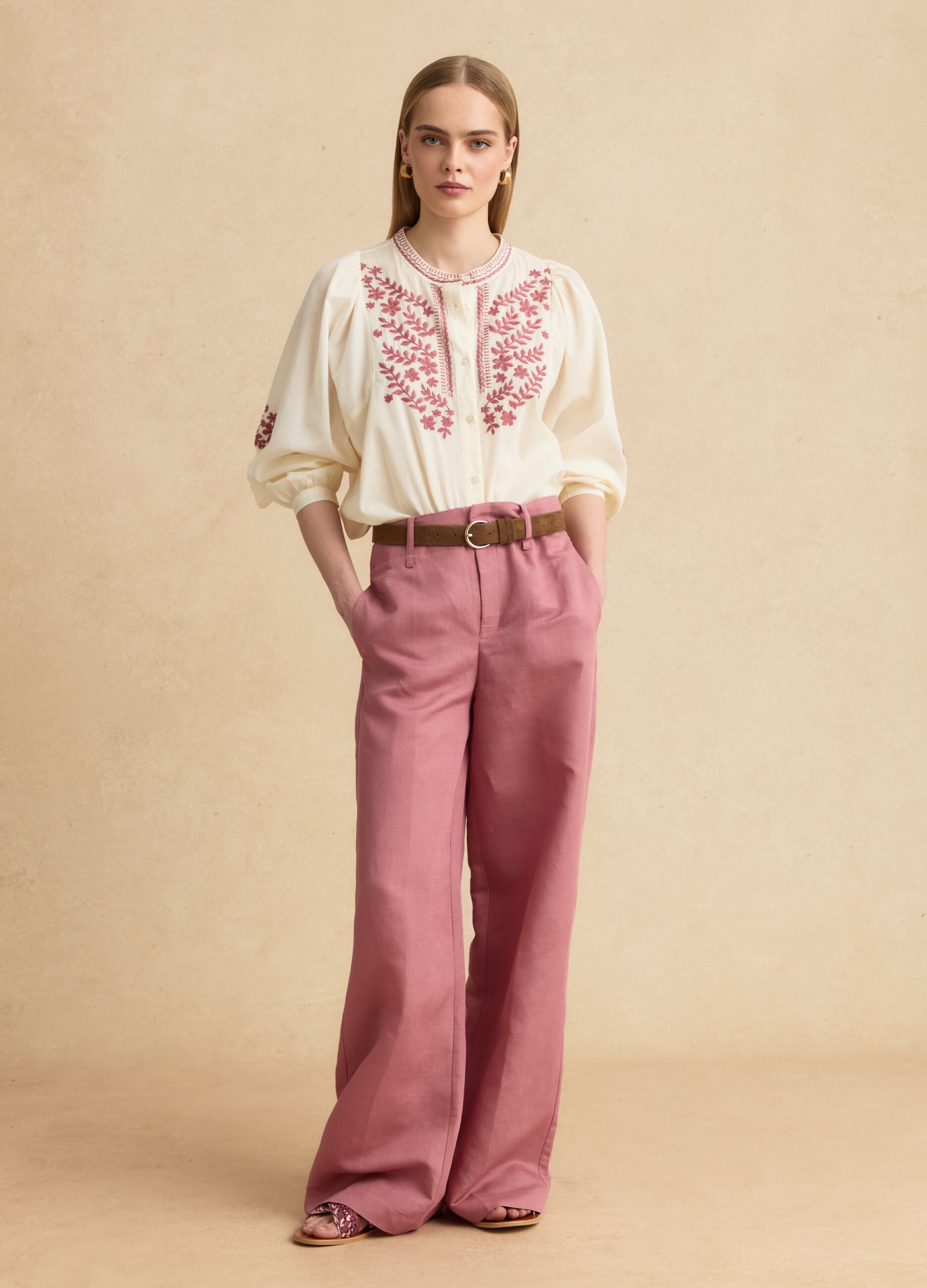 Beige pure cotton shirt with floral embroidery