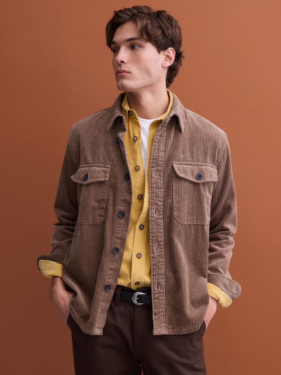 Brown pure cotton ribbed over-fit shacket_1