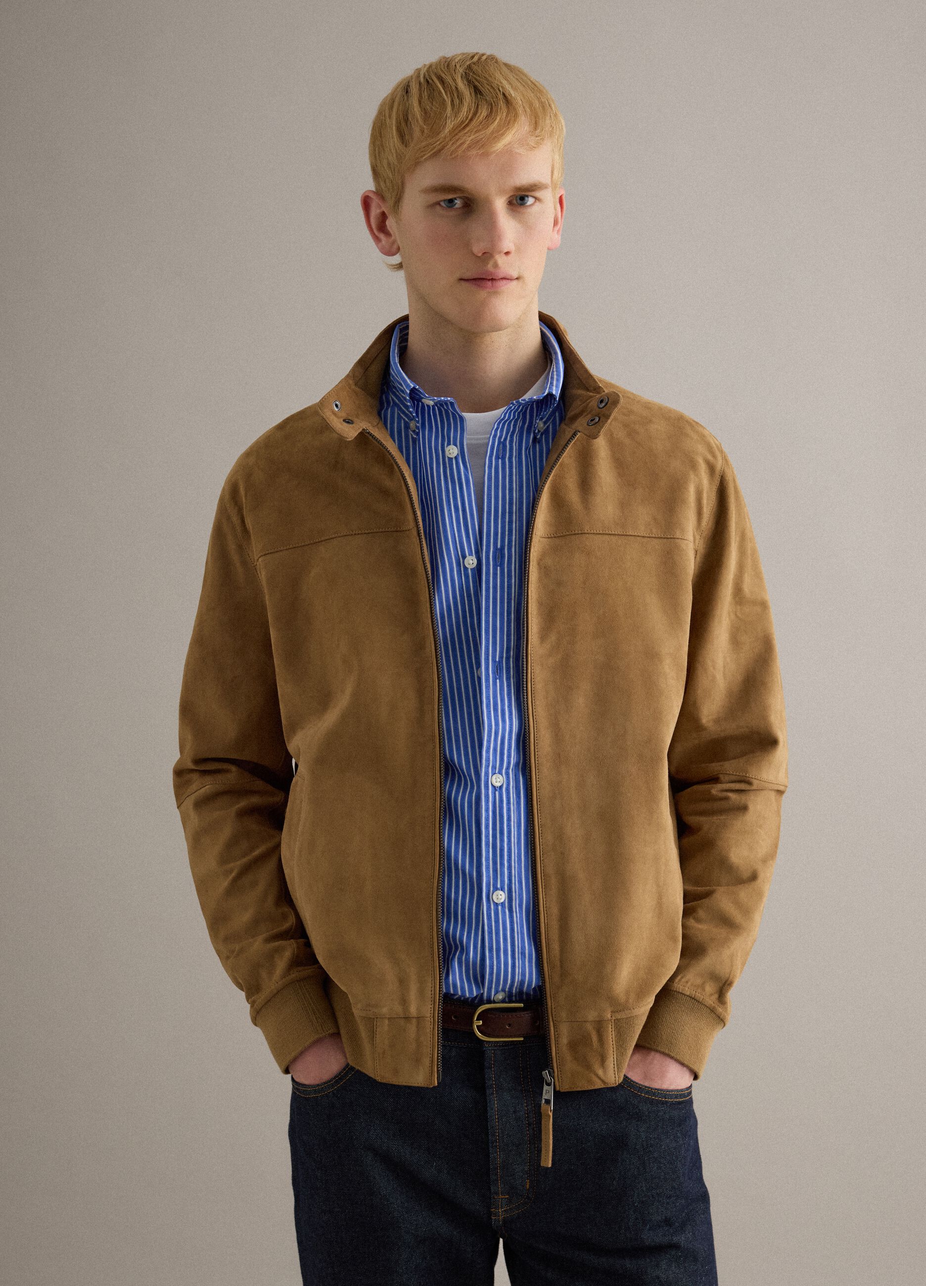 Casaco de pele verdadeira bege ajuste regular com zip