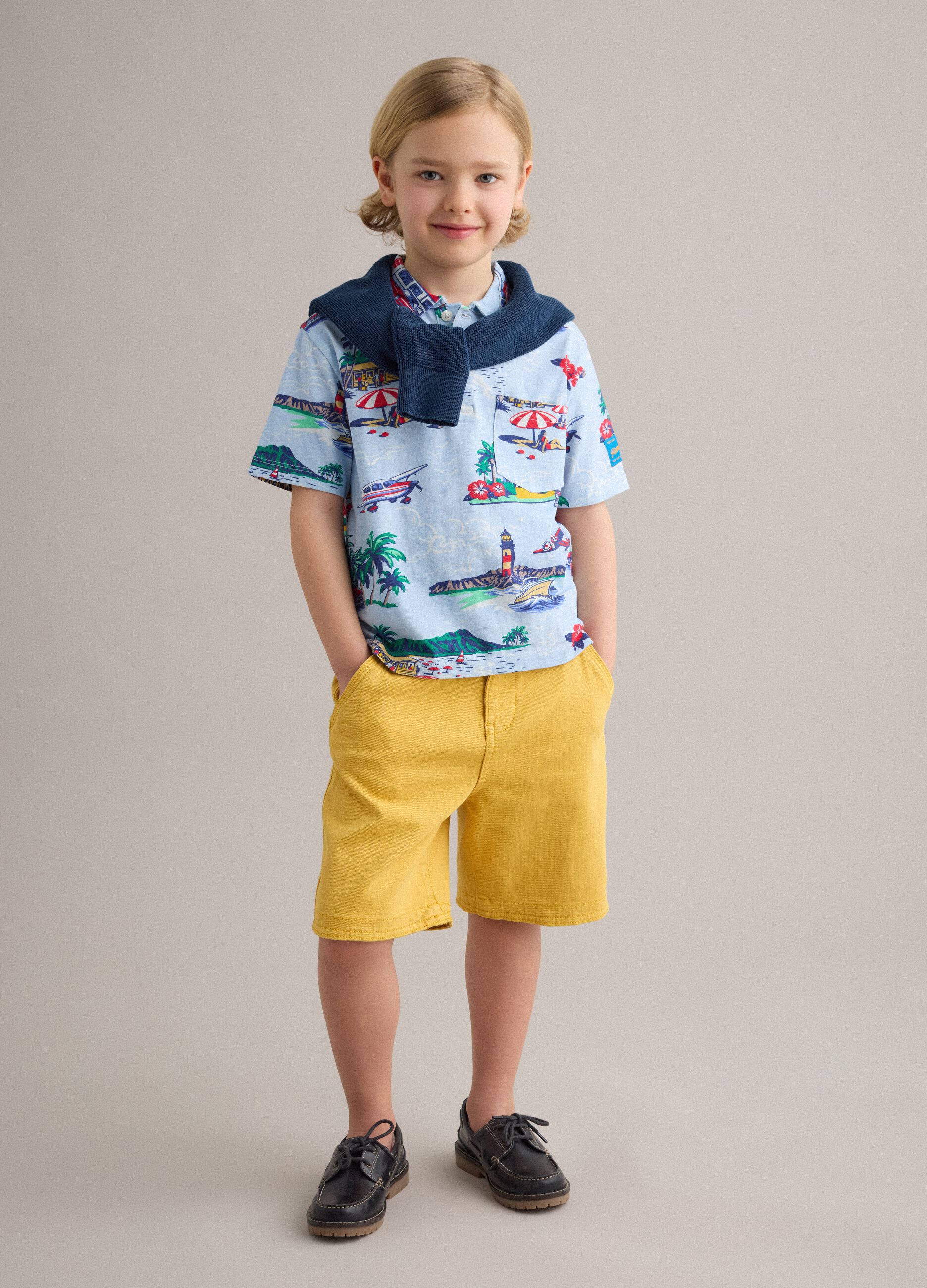 Boys' yellow cargo baggy shorts in stretch cotton
