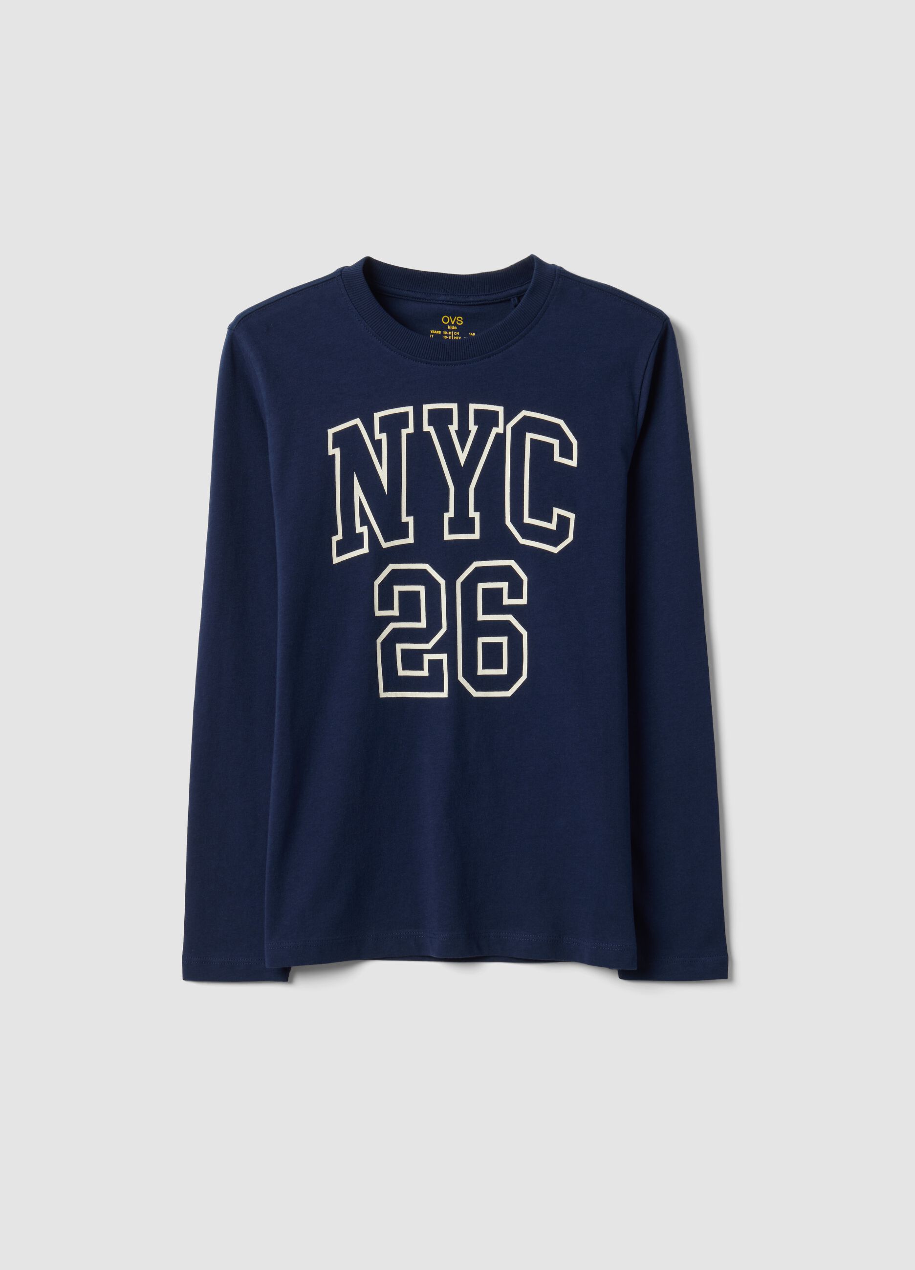 T-shirt azul em algod&atilde;o org&acirc;nico puro com estampado gr&aacute;fico para rapaz