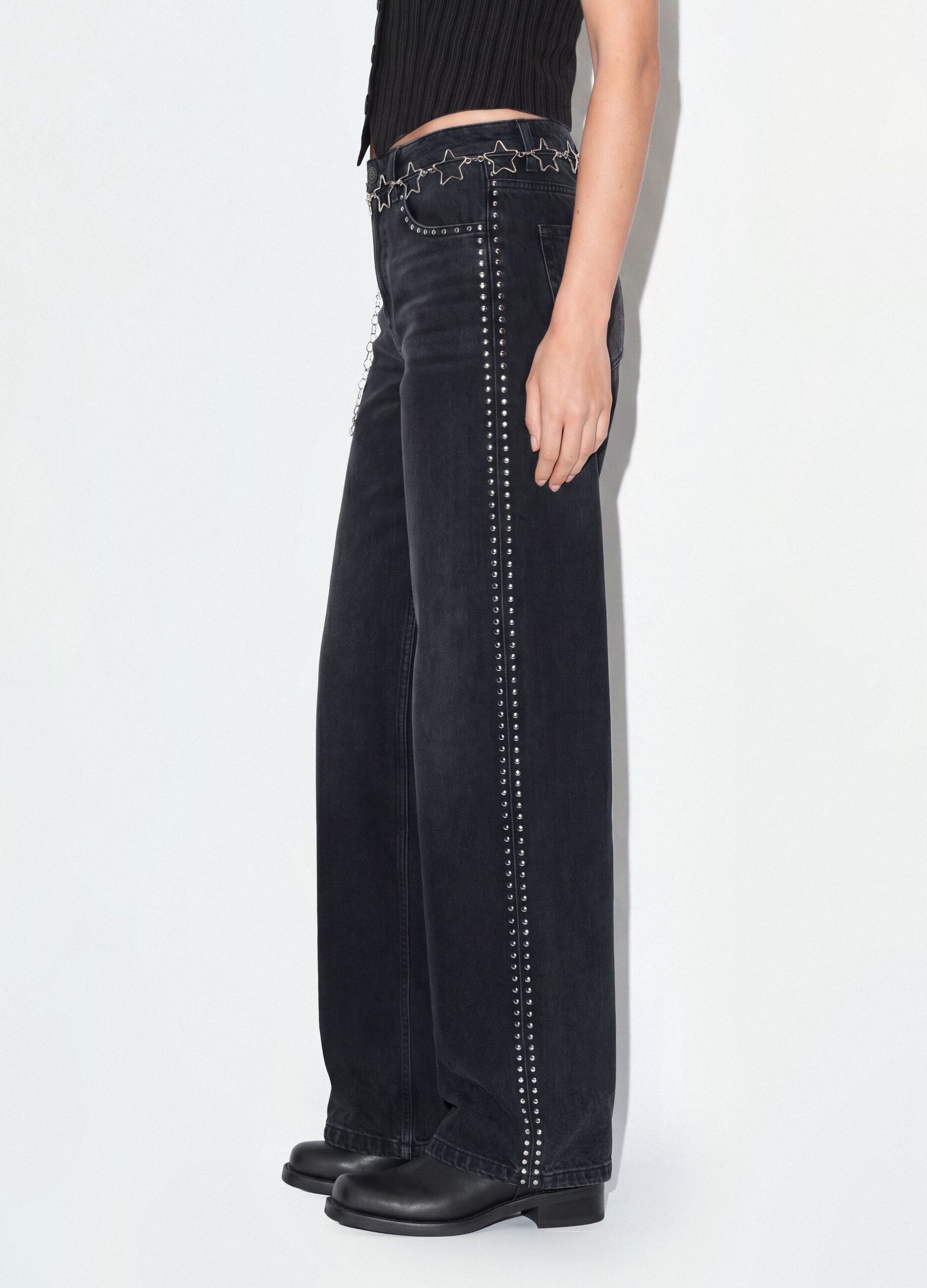 Black pure cotton wide-leg jeans with studs