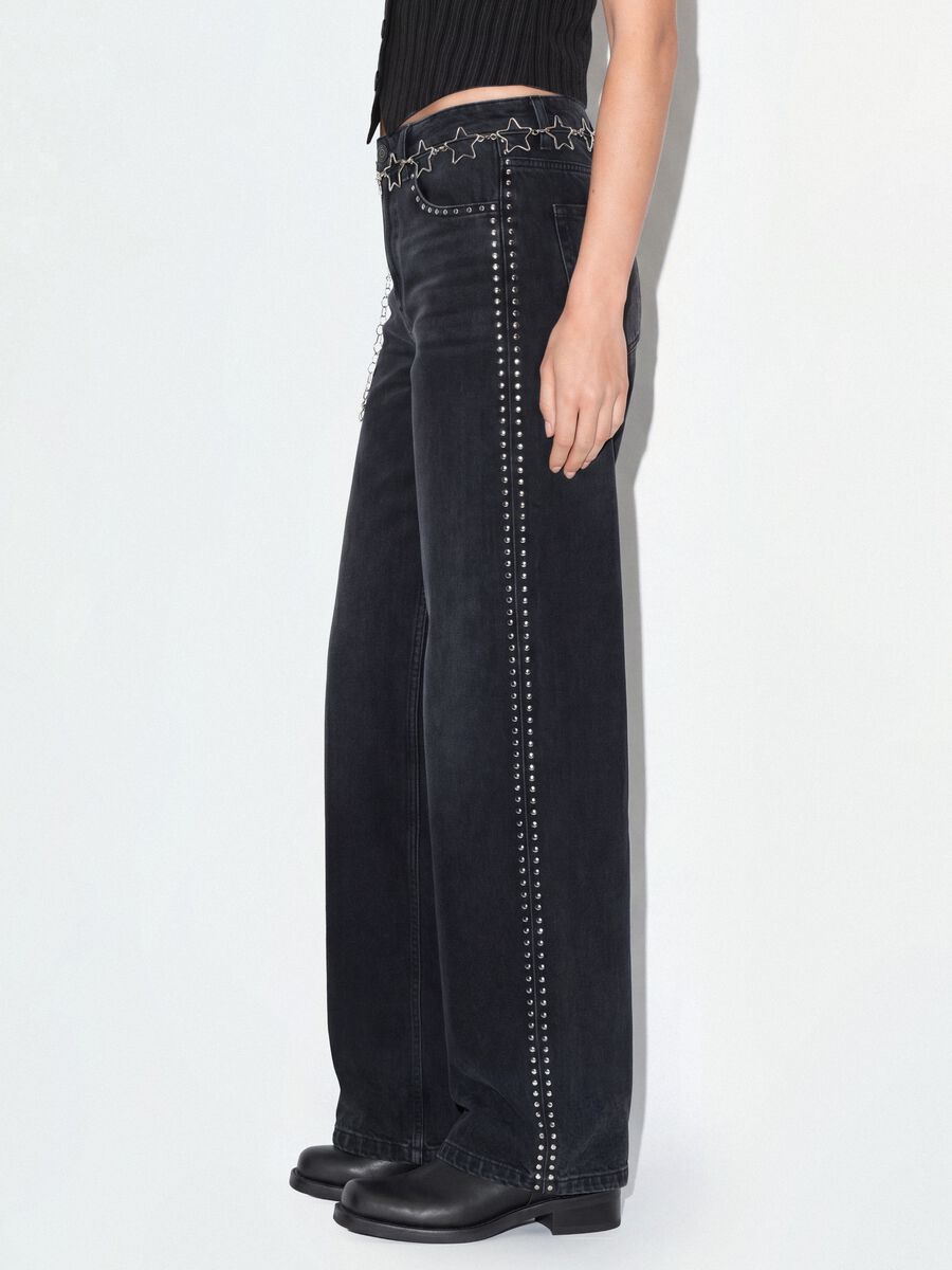 Black pure cotton wide-leg jeans with studs_3